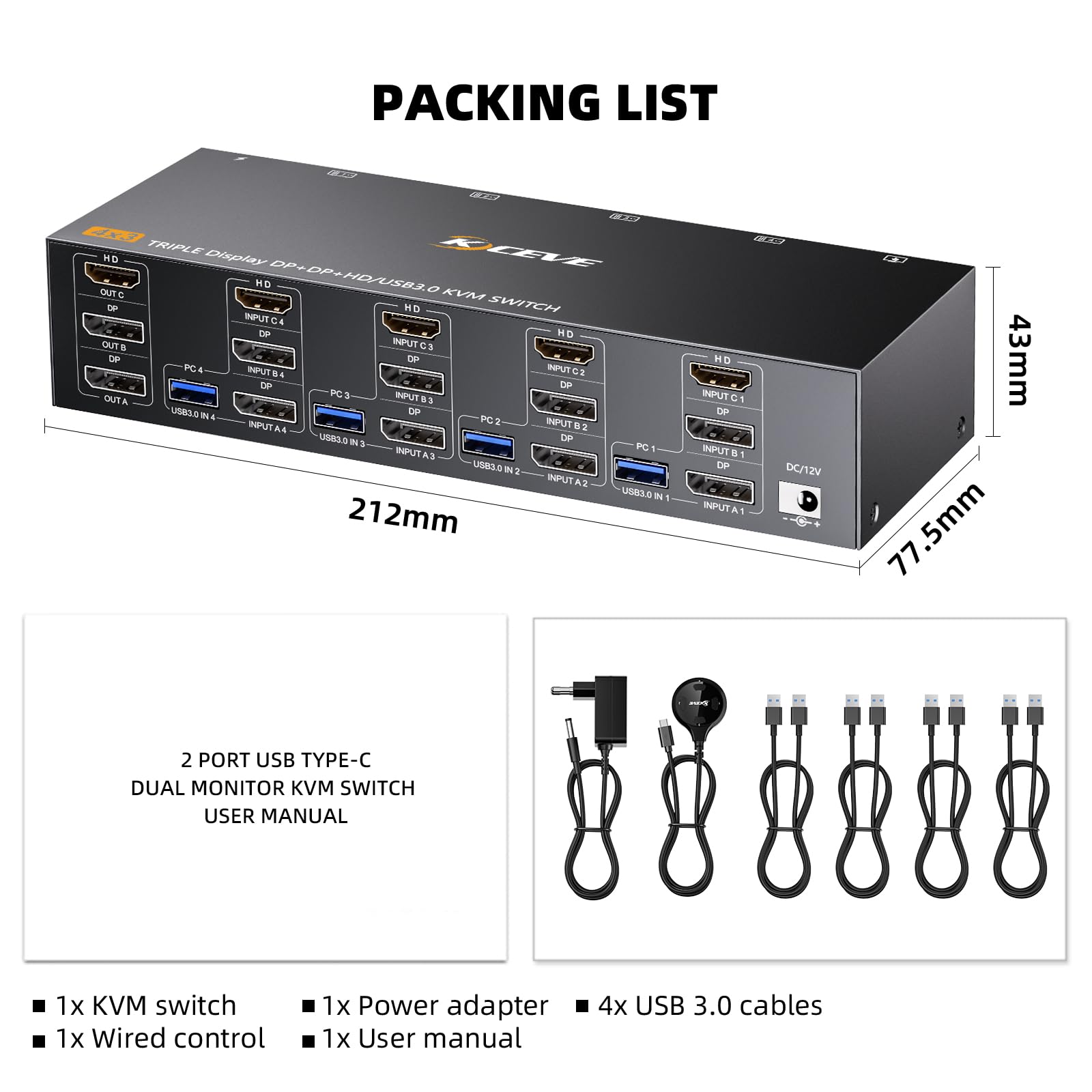 KVM Switch 3 Monitores 4 PC, 2 DisplayPort + 1 HDMI Conmutador KVM USB 3.0, compatible con 4K@60Hz para 3 ordenadores que comparten 2 monitores DP, teclado y ratón