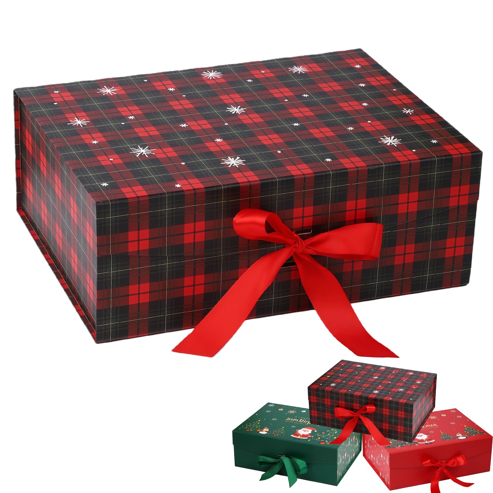Large Gift Box with Lids Christmas 24x17.5x10.5cm,Red Snowflake Christmas Eve Box for Kids Adults Present Boxes with Ribbon Card Large Reusable Luxury Storage Box for Xmas Holiday Gifts Packaging
