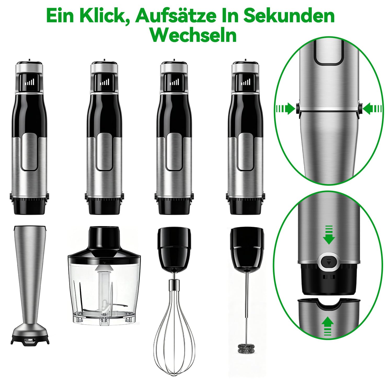 BESROY Stabmixer Set 5 in 1, 1100W Pürierstab Elektrisch, Edelstahl Hand Blender inkl. Häcksler, Schneebesen, Milchaufschäumer & Messbecher