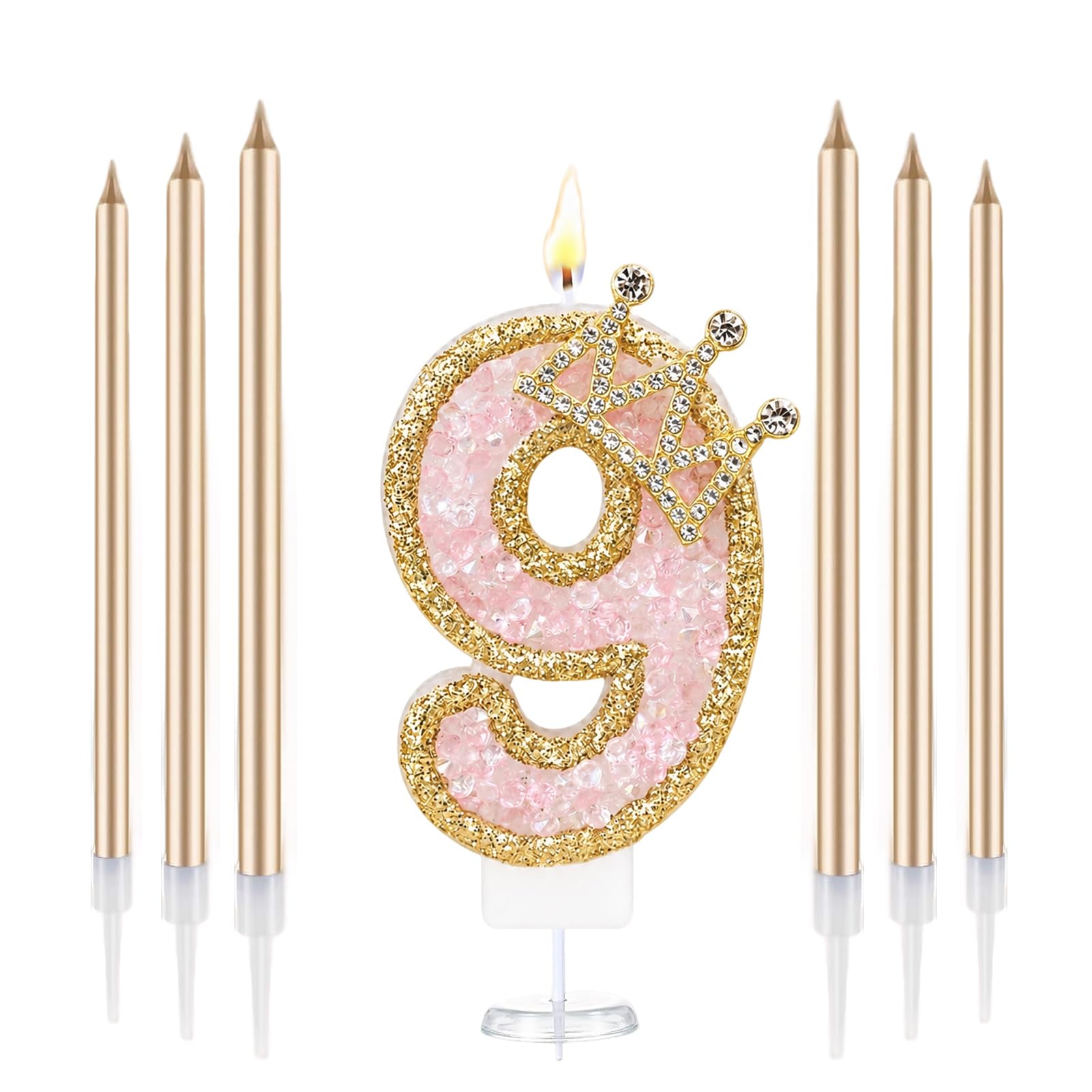 Crown Number Birthday Candles, Glitter Pink Gold Birthday Candle with 6 Pcs Long Candles, Stylish Princess Themed Cake Topper for Girls Birthday Party Supplies (9 Candle)