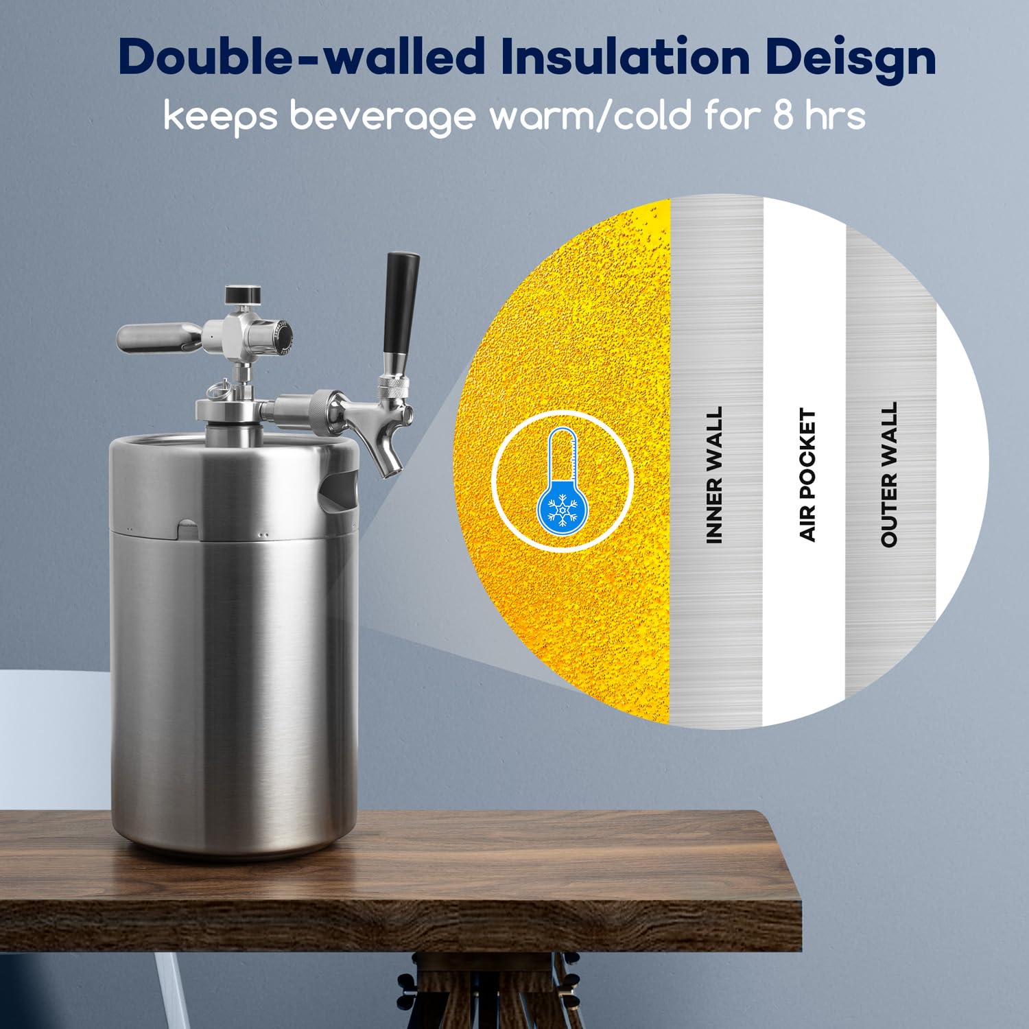 TMCRAFT Mini barril de doble pared de 3,628.7 g, sistema dispensador de cerveza casero regulado a presión con grifo extraíble y regulador, mantiene la frescura y la carbonatación para cerveza