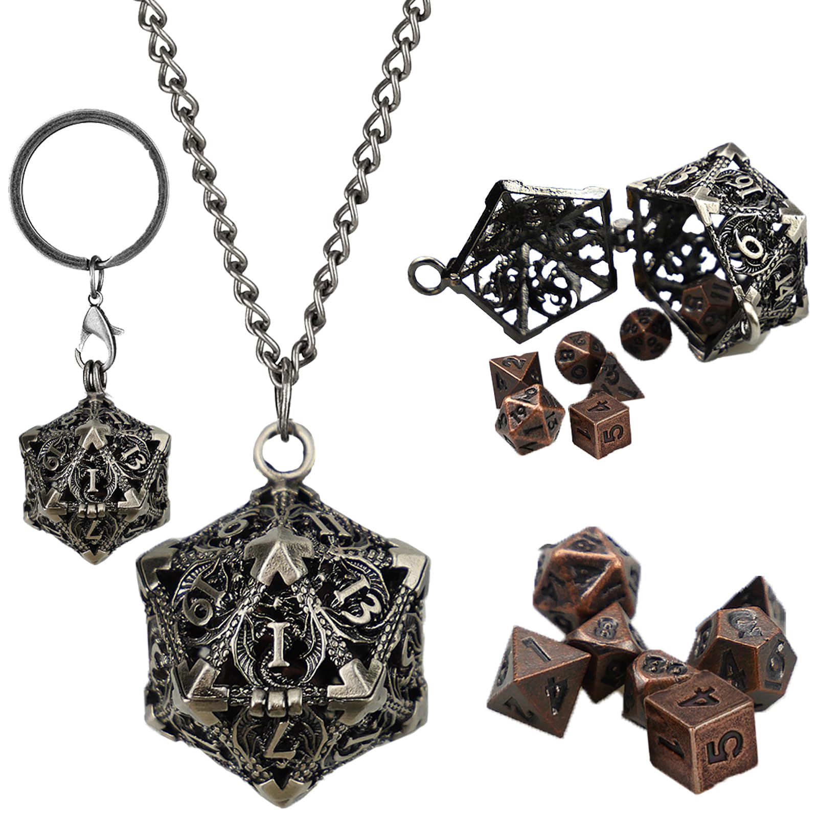 hocadon Set de 7 Mini Juego de Dados DND Dados Poliedricos con Estuche de Dados Dados Poliédricos de Metal para Juegos de rol D4, D6, D8, D10, D12, D20 y D%