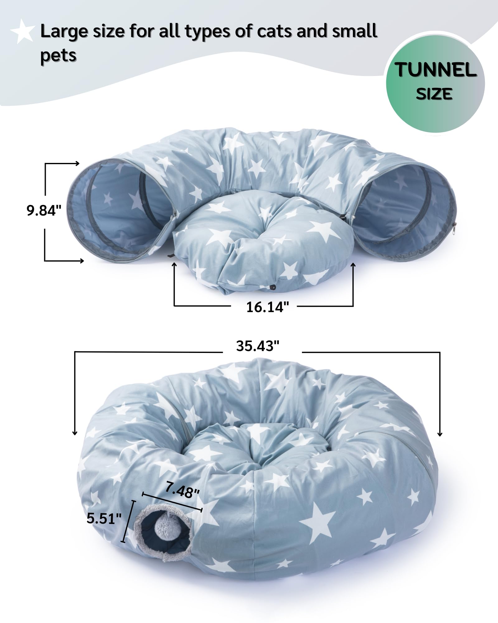 JanYoo Grand tunnel pour chat d'intérieur - Lit en forme de donut avec balle - Pliable - Interactif - Jouet pour chat d'intérieur - Gris