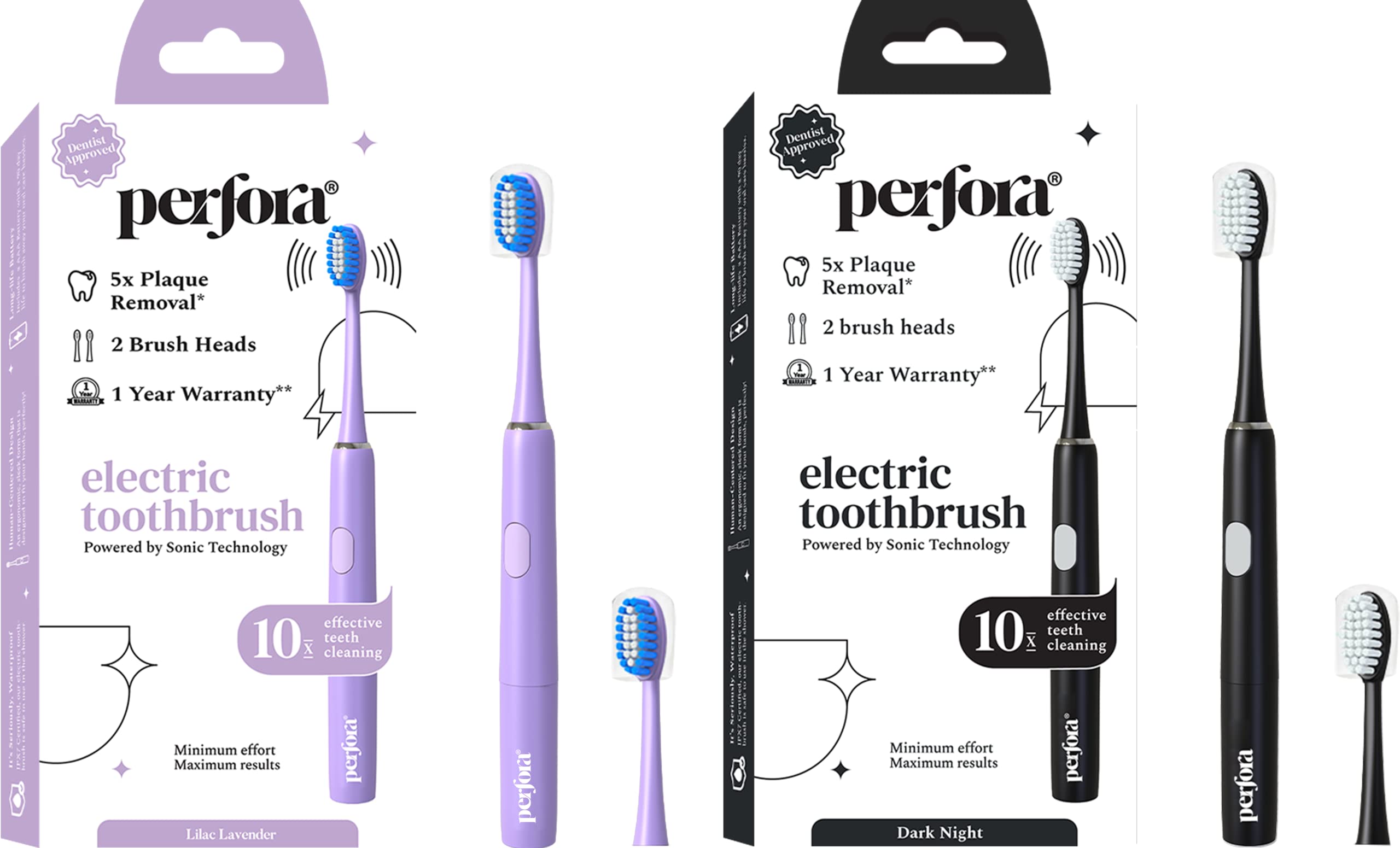 Perfora Electric Toothbrush | 1 Year Warranty | Electric Brush, Electric Toothbrush For Kids, Men & Women, 2 Modes, AAA Powered, 90 Days Battery Life, 002 (Dark Night & Lilac Lavender)