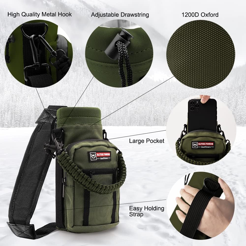 NATURE PIONEOR Water Bottle Holder with Adjustable Strap - 25/32/40oz Insulated Water Bottle Carrier Sling Sleeve with Paracord Handle & 2 Storage Pockets, Hiking, Camping, Gym - Image 4