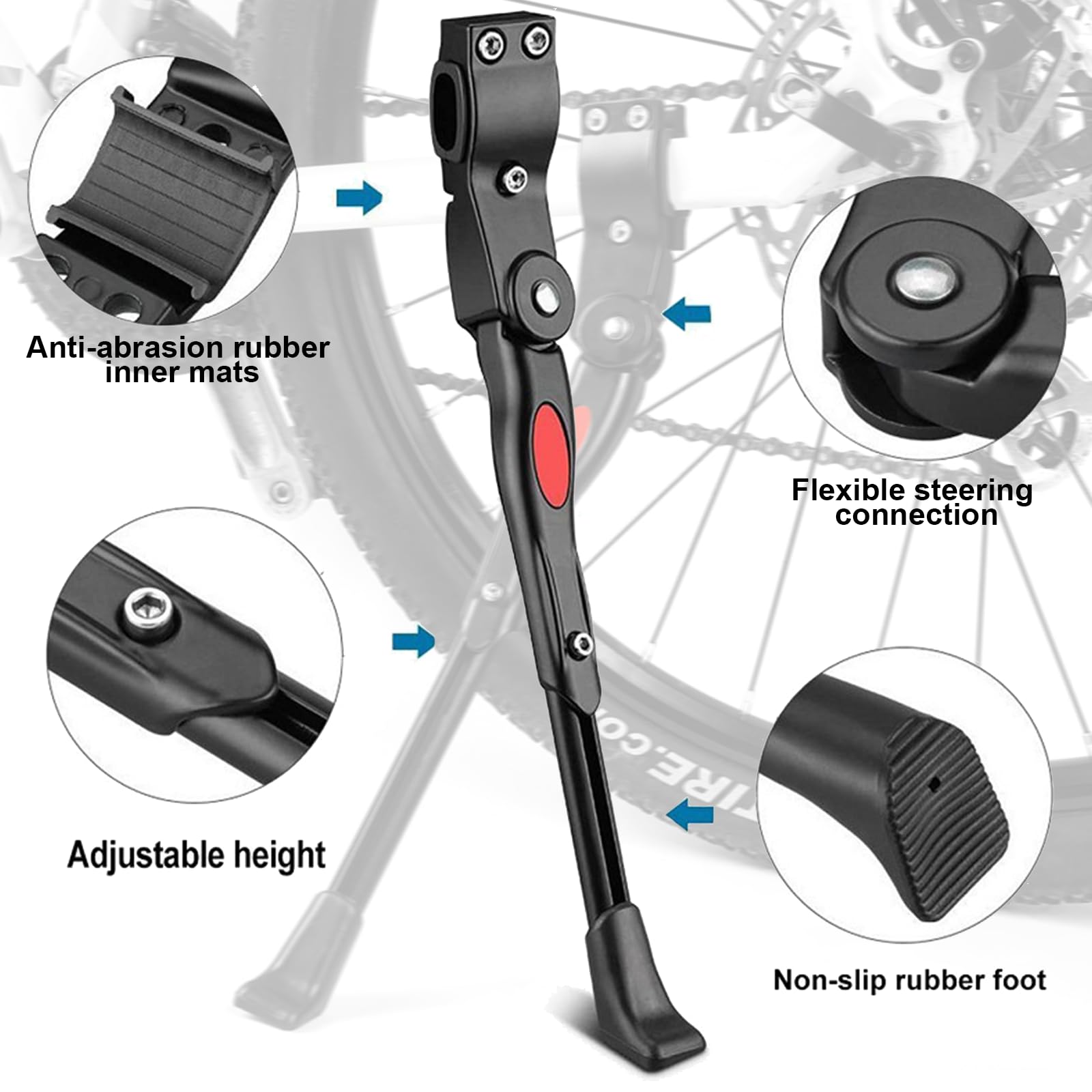 Béquille Latérale ROGTYO 24-29 Pouces – Alliage Alu, Hauteur Réglable, Charge 35 Kg, Antidérapant, Pour VTT Et Route