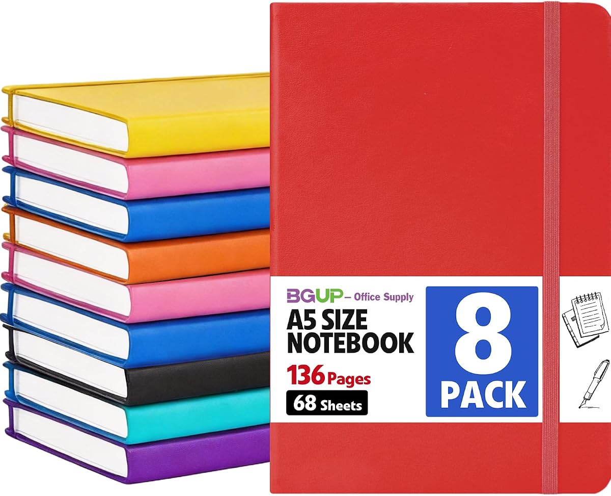 Paquete de 8 cuadernos forrados para el trabajo, tapa dura A5 (5,5" x 8,3"), 8 colores, 136 páginas, cuaderno mediano con rayas universitarias, para escribir, tomar notas, negocios, trabajo, escuela, hogar