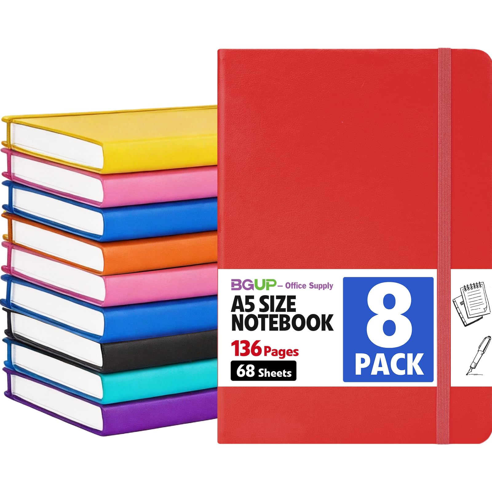 Confezione da 8 quaderni a righe per lavoro, formato A5 con copertina rigida (14 x 21 cm), 8 colori, 136 pagine, a righe, medio, per scrivere, prendere appunti, lavoro, scuola casa