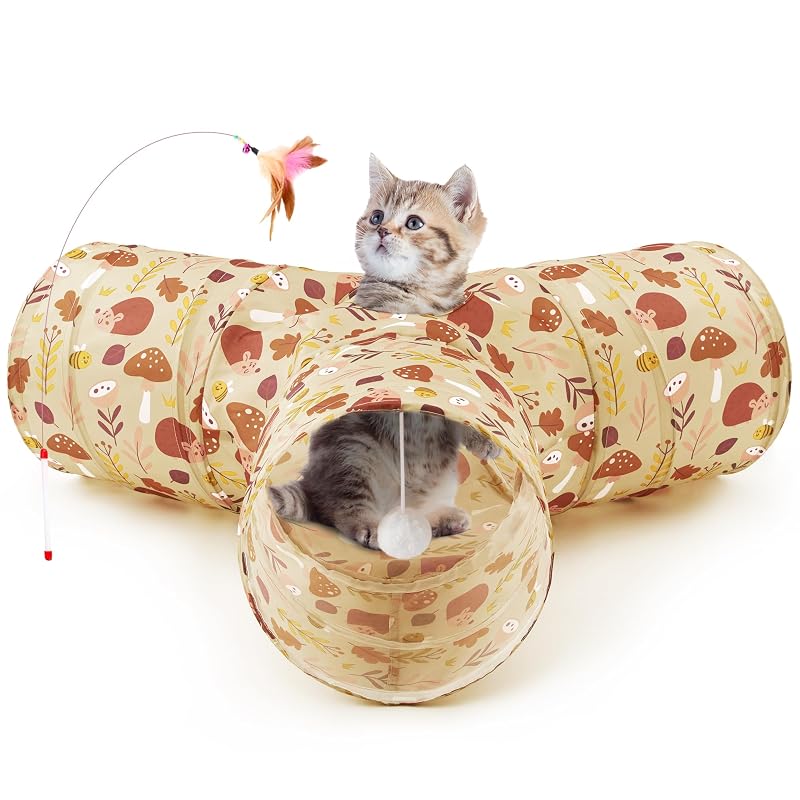 Túnel para gatos dobrável de 3 vias em poliéster Tempcore, Hedgehog Khaki, Small