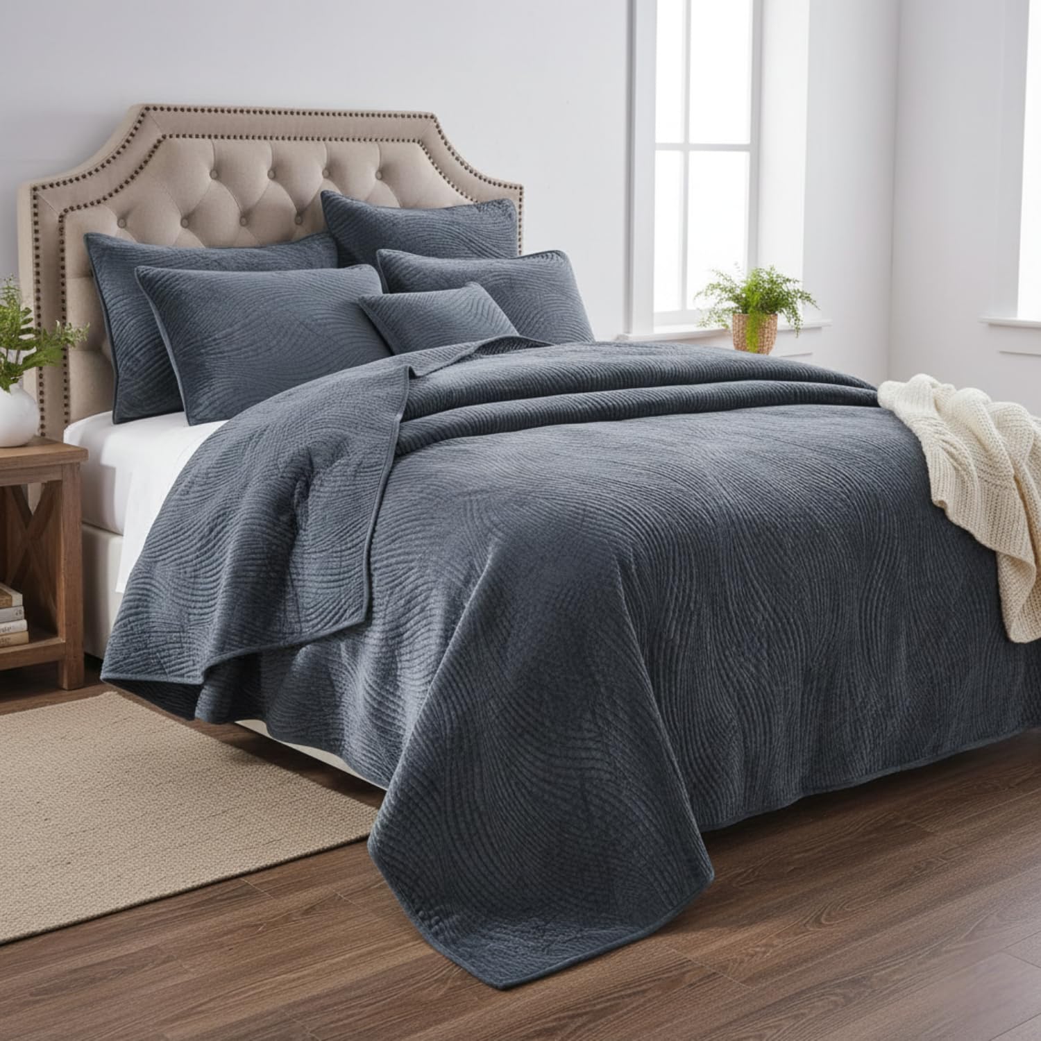 Tache Velvet Dreams Luxurious Velveteen Velour Super Soft Plush Warm Cozy Elegant Ripple Waves Stitch Quilted Coverlet Steel Navy Blue Bedspread Set,