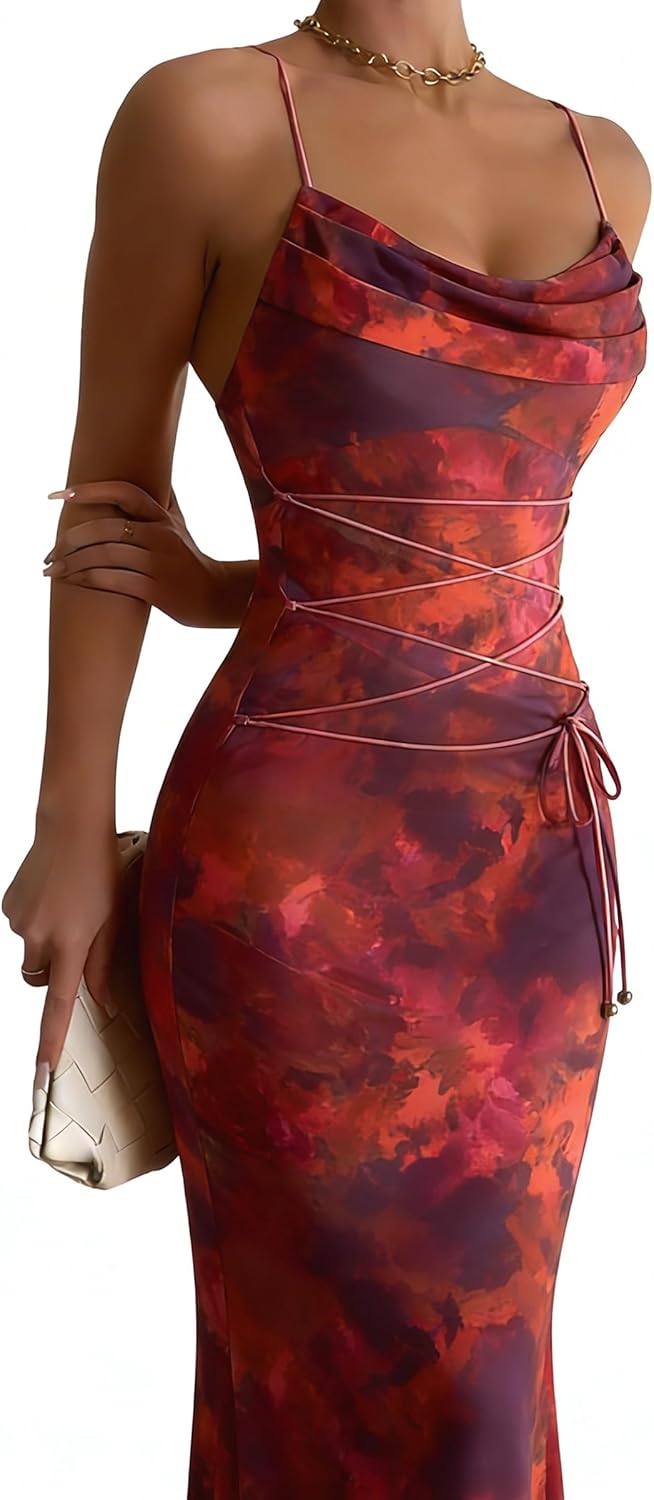 MSVLDR Women's 2026 Summer Sexy Print Maxi Dress Floral Square Neck Spaghetti Strap Bodycon Slip Long Dresses