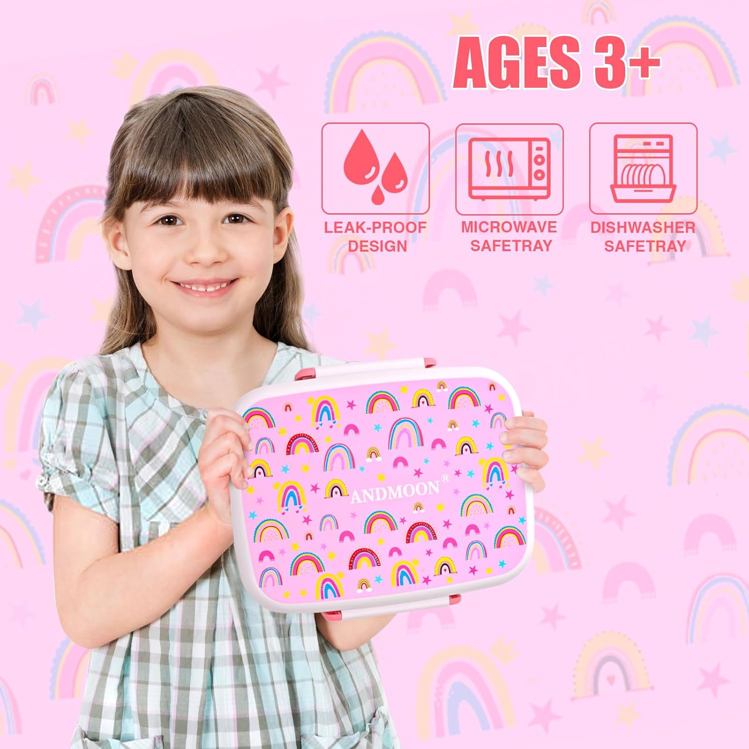 Bento Box for Kids Lunch Box Leak-Proof, Bento Lunch Box with 5 Compartments, Lunch Containers with 3 Silicone Baking Cups, Microwave/Dishwasher Safe (43OZ) (Pink with snack cup) - Image 3