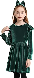 Girls Velvet Dress Kids Long Sleeve Green Midi Christmas Party Clothes,Size 10 11