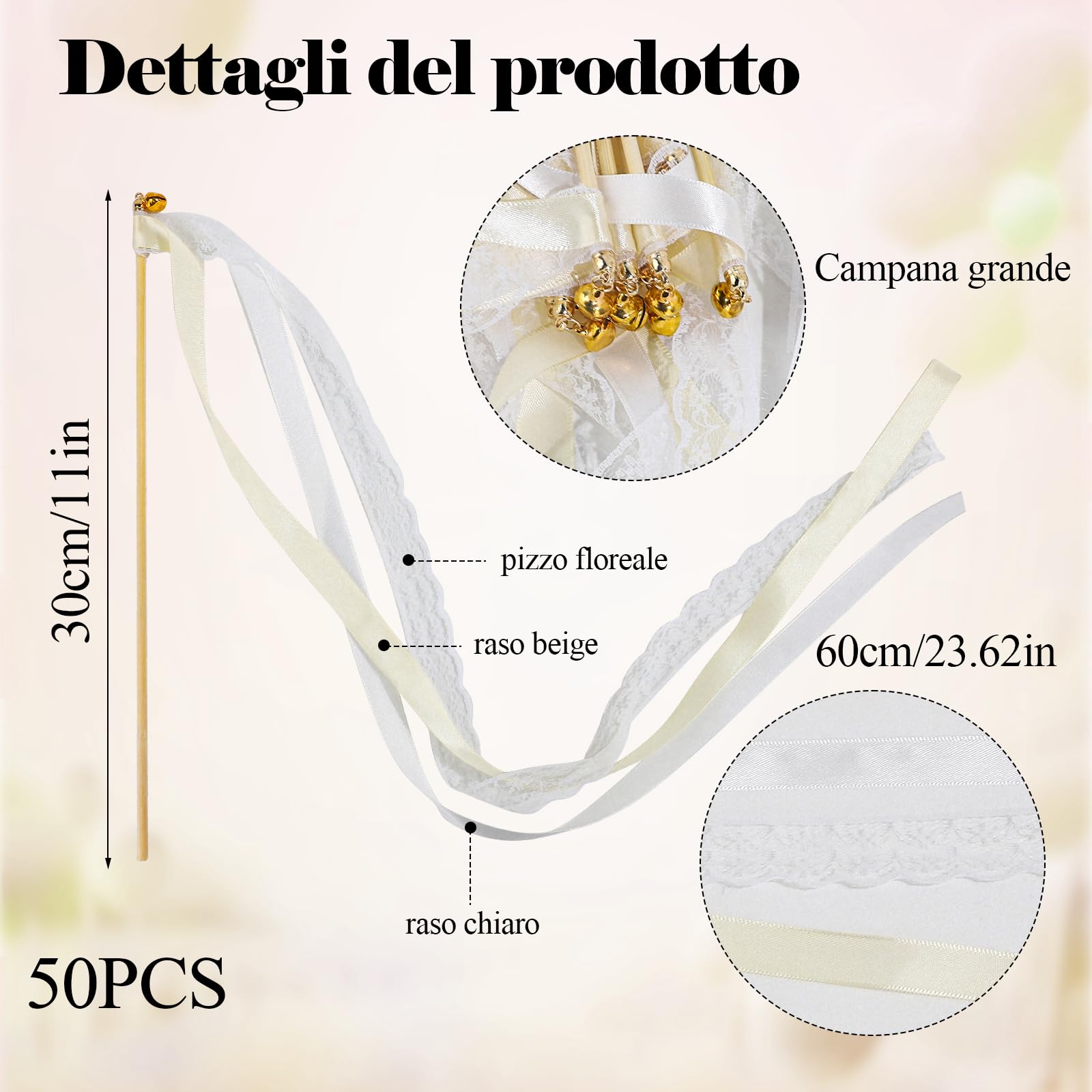 Bacchette Matrimonio con Grandi Campane,Bacchette da Sposa,Riutilizzabile Wedding Wands,Bacchette Nuziali per Decorazioni di Nozze Compleanno Feste (50 Pcs Beige)
