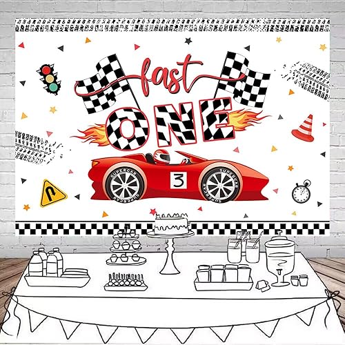 Miniatura 2 de Mocsicka Fast One - Telón de fondo de cumpleaños, auto de carreras, decoración de fiesta de primer cumpleaños, pancarta para niños y niños, mesa de
