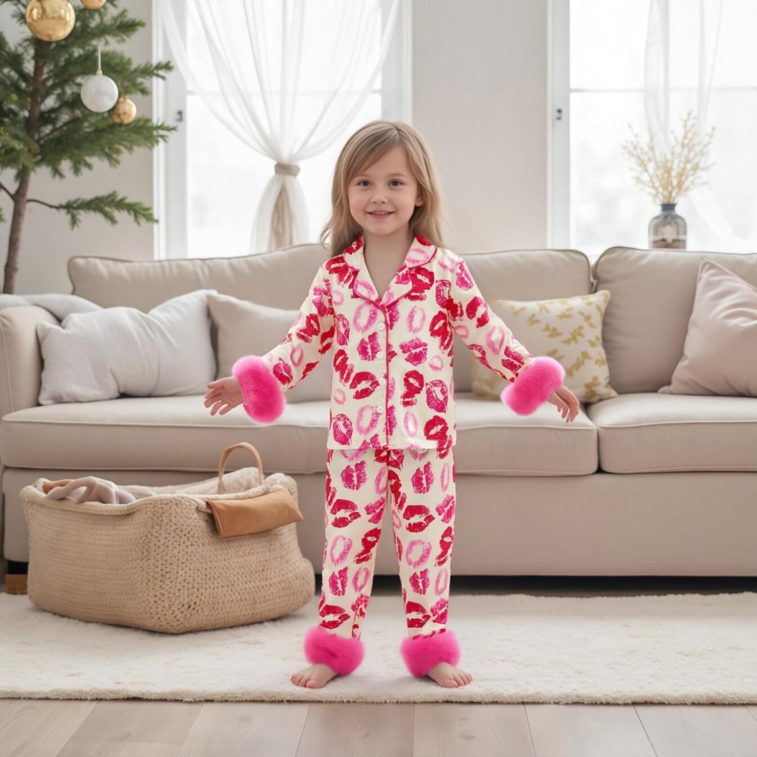 Toddler Girl Valentine's Day Satin Pajamas Set Baby Silk Pjs Heart Button Down Shirt Long Pants Sleepwear Spring - Image 3