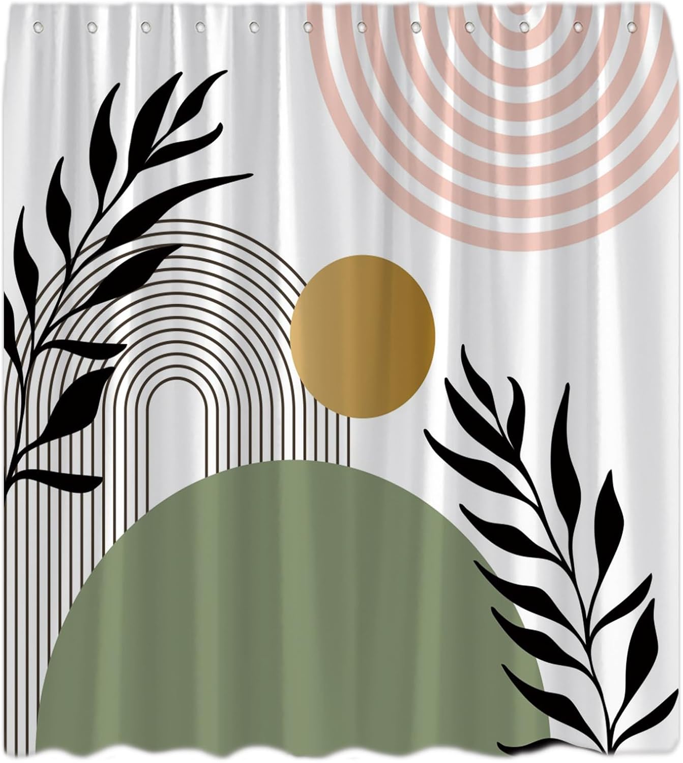 Boho Mid Century Shower Curtain Abstract Arch Curve Sun Sage Green Leaf Modern Minimalist Simple Geometric Nature Aesthetic Retro Bathroom Curtain with Hooks