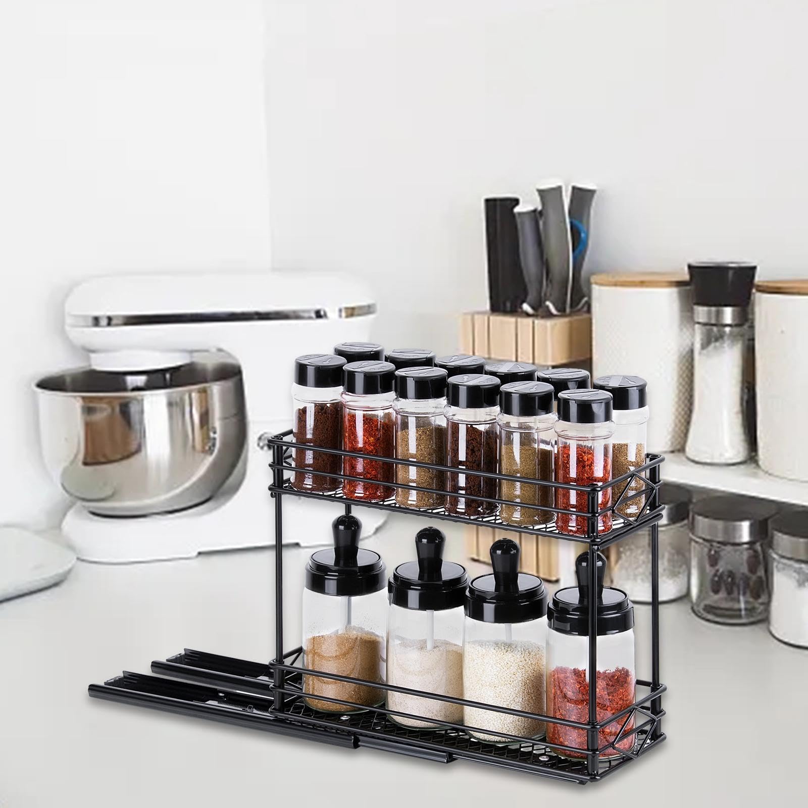 Estante Deslizante para Especias, Organizador de Frascos de Especias de 2 Niveles, Estante Deslizante para Condimentos, Ideal para Armarios de Cocina