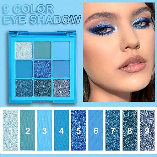 Miniatura 3 de evpct Paleta de sombra de ojos con brillo azul de 9 colores, sombra de ojos brillante con purpurina azul marino real, cobalto, cielo de bebé, azul