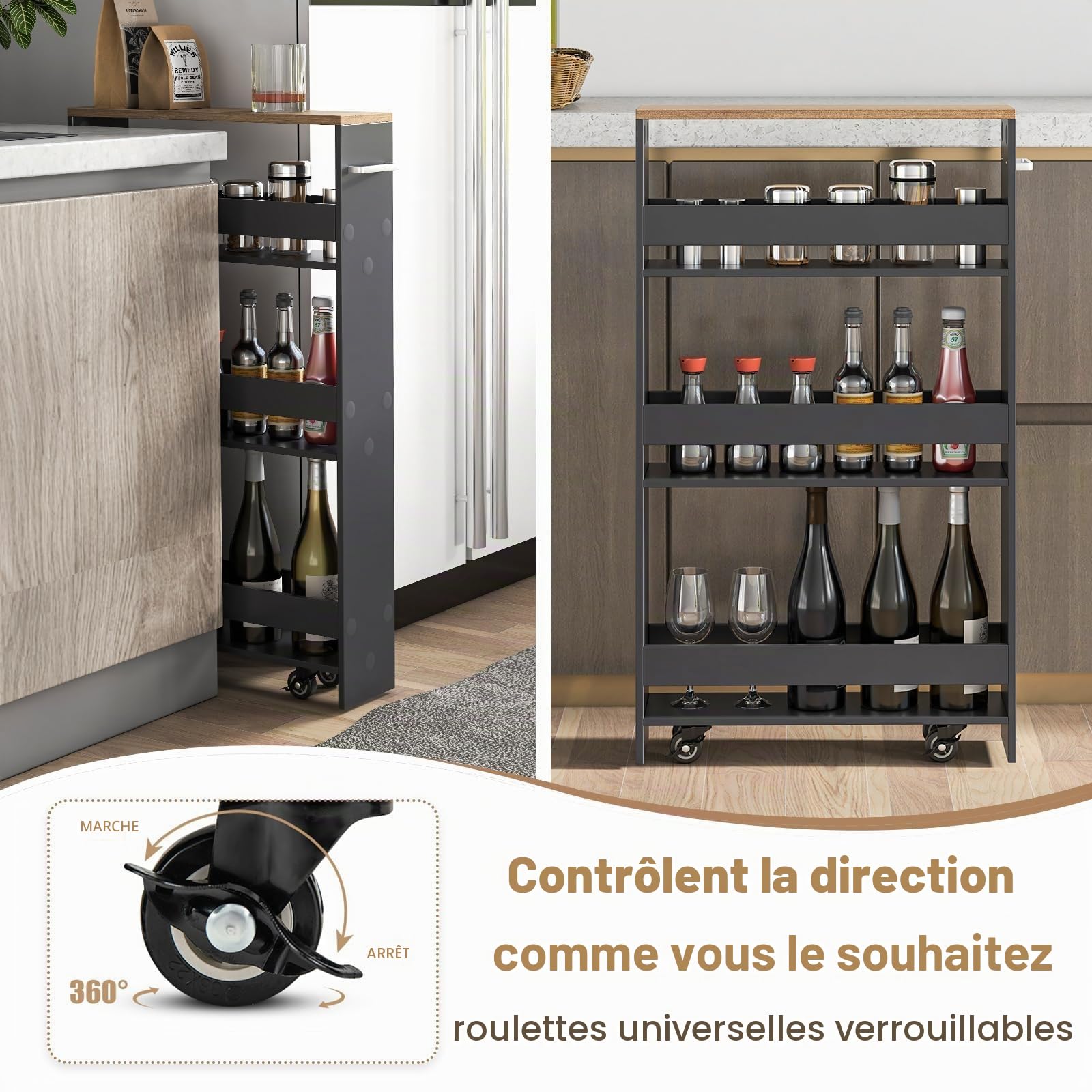 FANTASK Chariot de cuisine étroit sur roulettes, étagère de 13 cm de large, chariot de service à 4 étages, chariot de niche avec poignée et balustrade, étagère de salle de bain en bois pour cuisine et