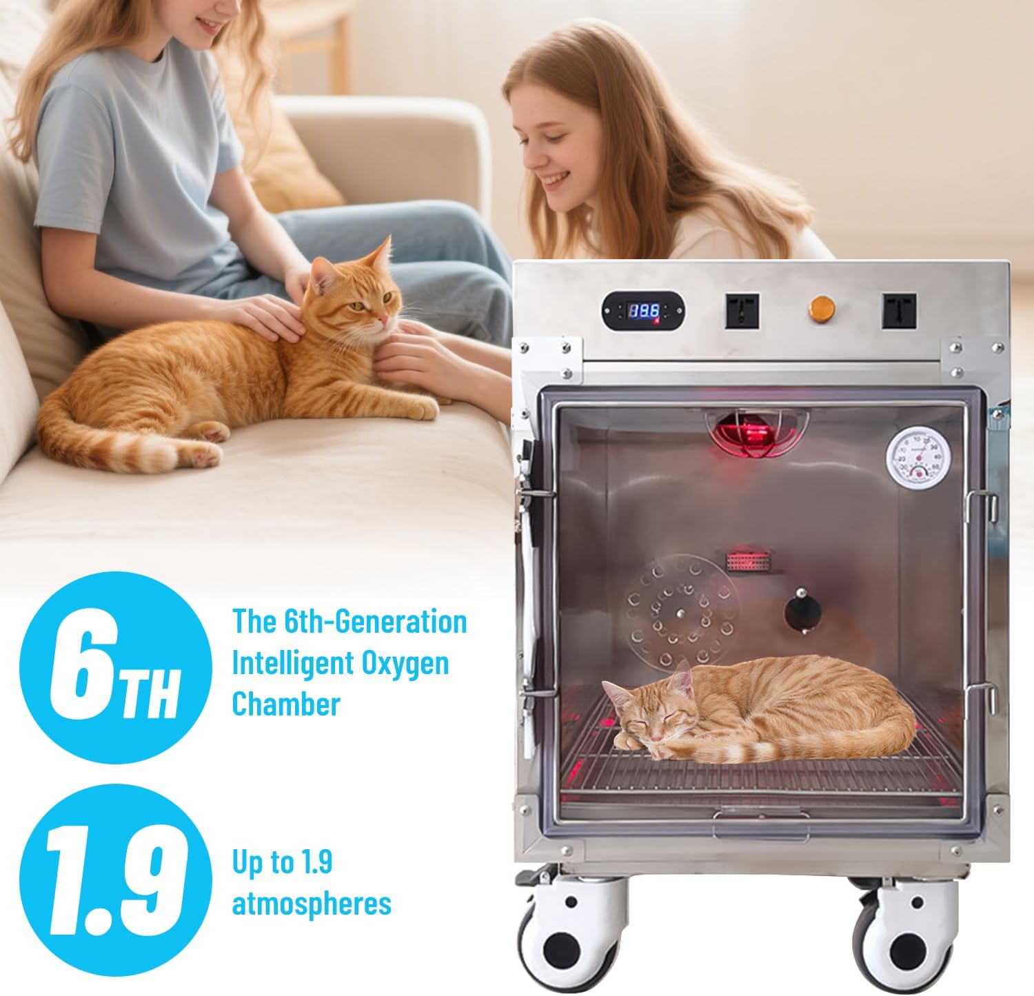 Pet Universal ICU Cage with Wheels 304 Stainless Steel Warming Lamp Oxygen Port Thermostat for Cat Dog Incubator Constant Temperature Care Cat and Dog Warm Brooding