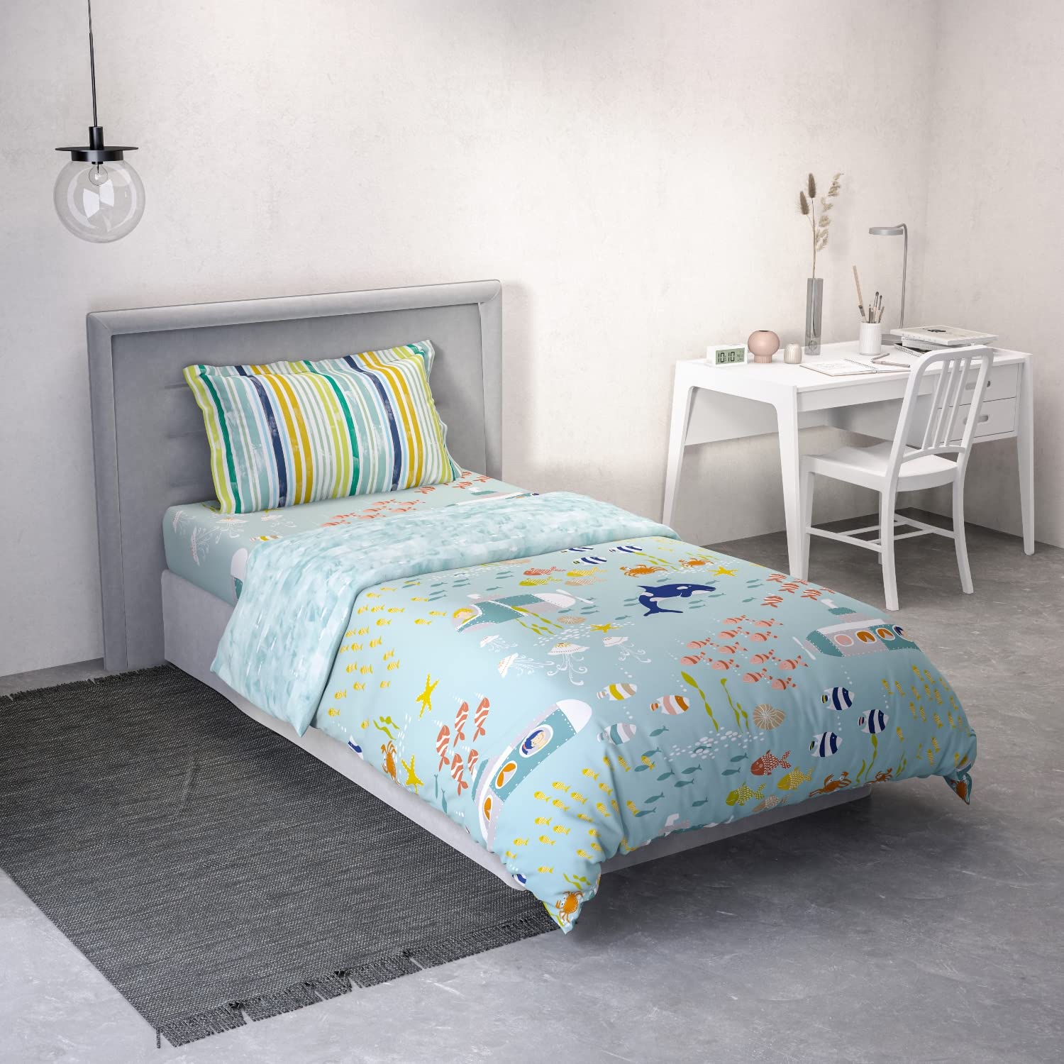 DDECOR Live beautiful Blue Conversational 100% Cotton Single Bedding Set