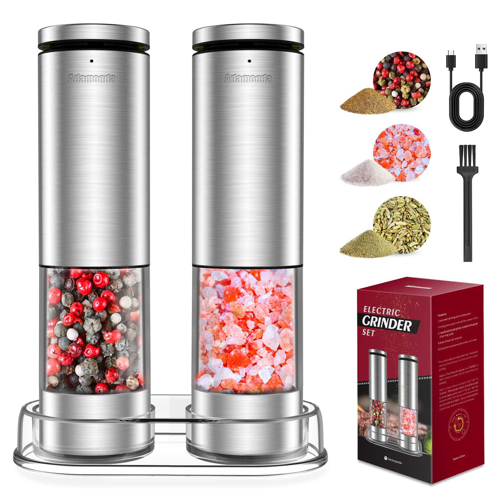 LIXVORA Electric Salt & Pepper Grinder Set - Rechargeable Stainless Steel With Adjustable Coarseness