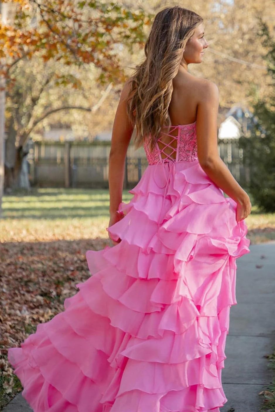 Strapless Lace Tiered Prom Dresses for Women Long Ruffles Corset Chiffon Formal Evening Gowns with Slit