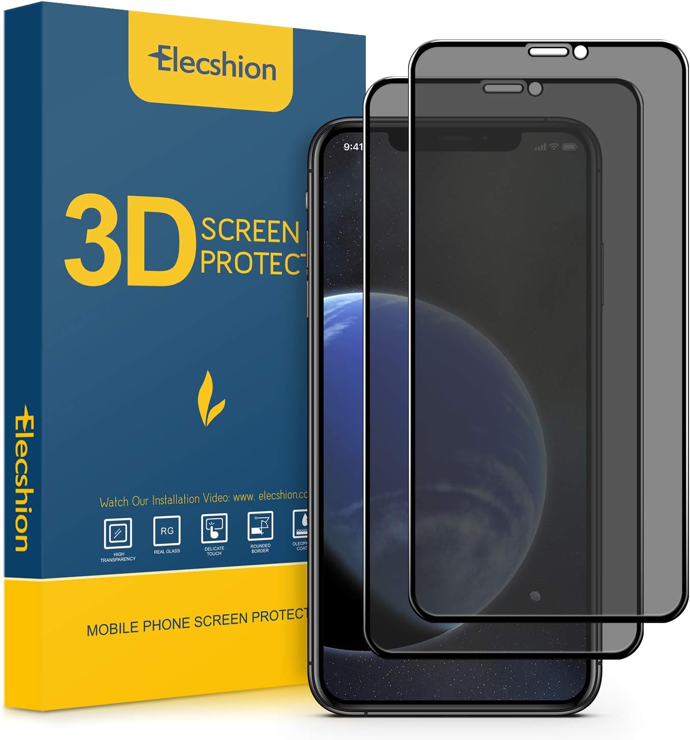 Elecshion (Full-Coverage) Privacy Screen Protector (2 Pack) for 2019 iPhone 11 Pro Max / 2018 iPhone Xs MAX, True 28° (Case Friendly) Anti-spy Tempered Glass with Easy Installation Tray(6.5 '')