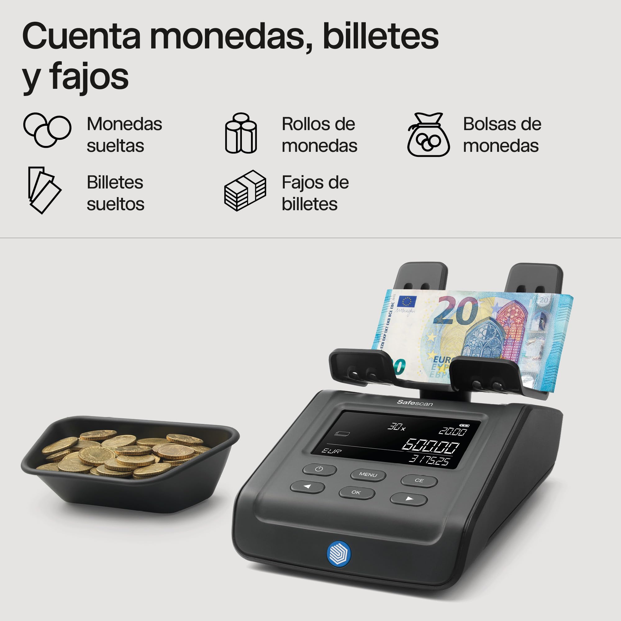 Safescan 6165 Máquina para contar dinero cuenta valor de monedas y billetes - Contadora de monedas con reconocimiento automático de rollos - Balanza para conteo rápido y ágil del cajón portamonedas