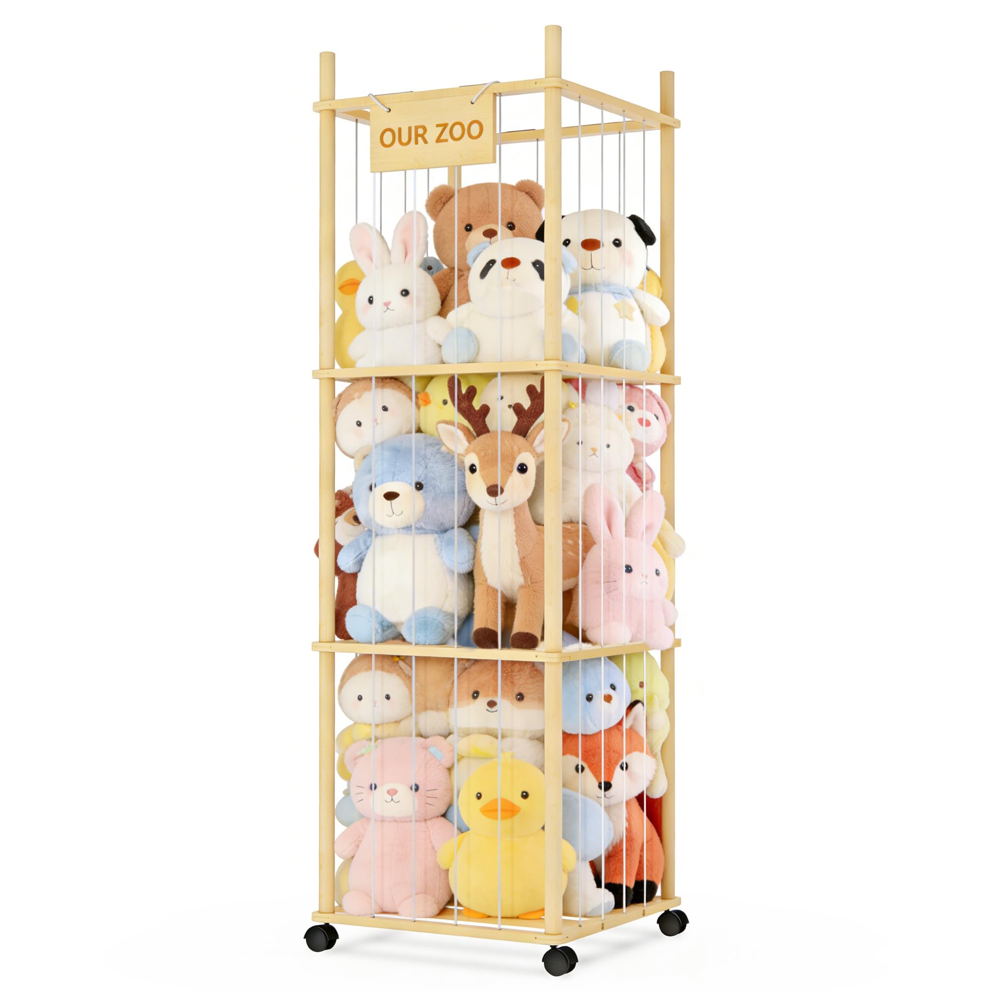 Photo 1 of Stuffed Animal Storage, Wooden Stuffed Animal Organizer with Brake Wheels, Space Save Large Capacity Stuffed Animal Holder with Elastic Cords, Perfect for Nursery, Living Room, Bedroom & Playroom