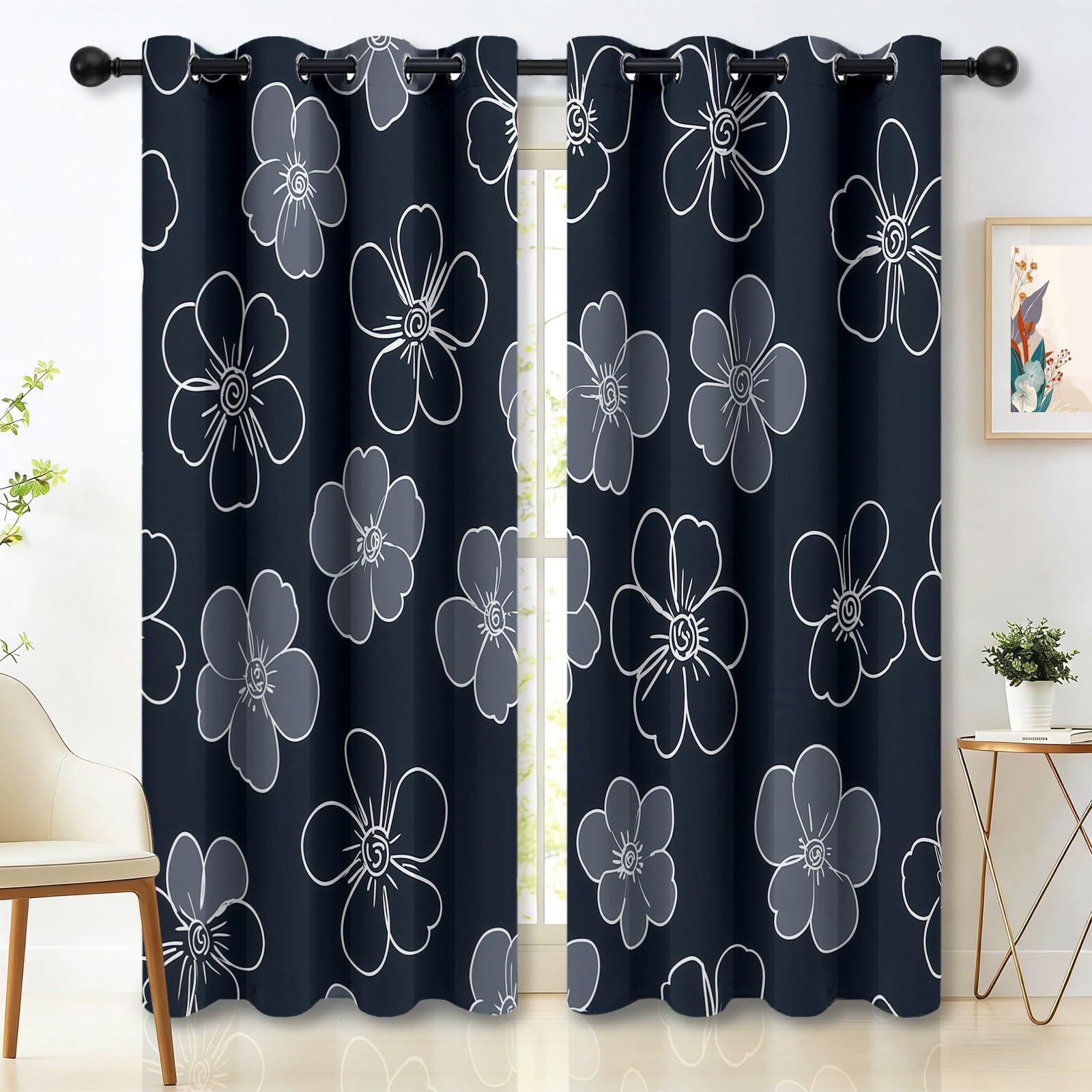 Natur Minimalistisch Vorhänge mit Ösen, Dunkelgrau Blickdichte Vorhänge Wohnzimmer Schlafzimmer, Handgezeichnet Blumen Linien Maschine Waschbar Fenster Verdunkelungsvorhänge, H215 x B110 cm 2 Stück