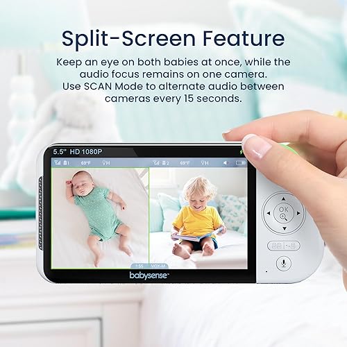 Miniatura 4 de Babysense Monitor de bebé de pantalla dividida Full HD de 55 pulgadas 1080p monitor de bebé de video con cámara y audio dos cámaras PTZ luz nocturna