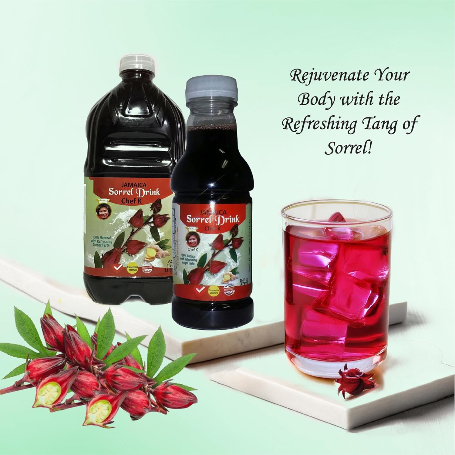 Chef K, Inc. | SorrelHibiscus Drink – Authentic Jamaican SorrelHibiscus Hibiscus | Family Size | 64 oz 4 Pack