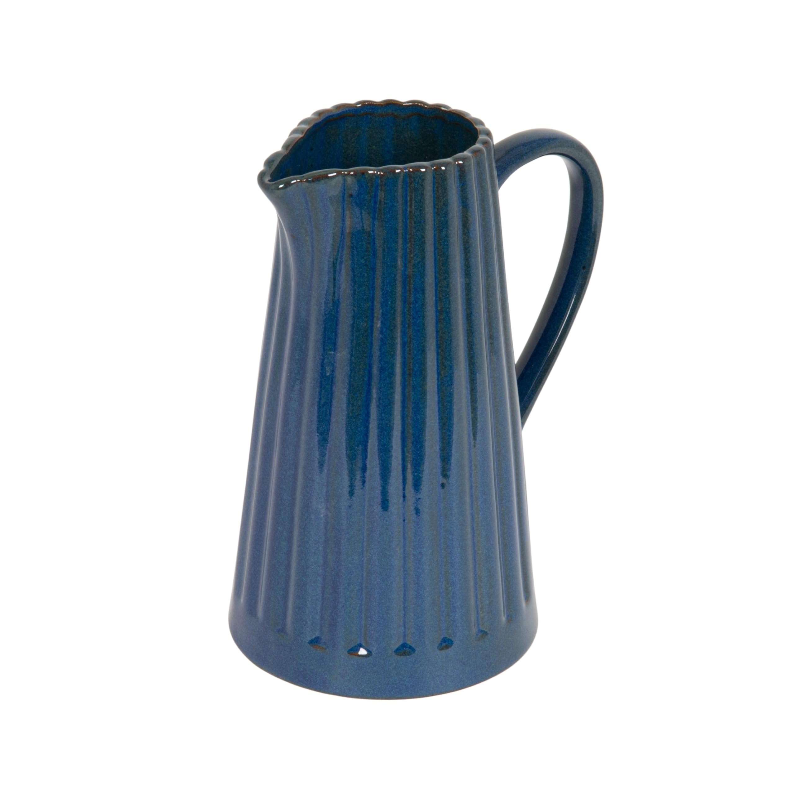 Creative Co-Op 40-Ounce Stoneware Ribbed Pitcher with Reactive Glaze, Blue