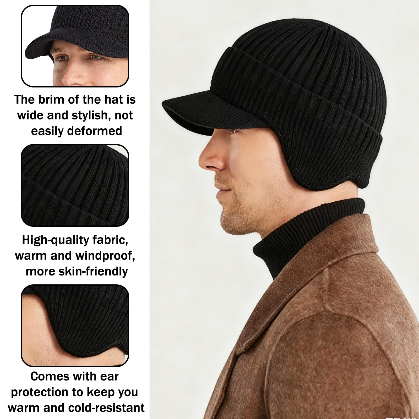 Gorro Invierno Hombre con Orejeras, Gorro de Invierno con Paraguas Gorro de Punto con Forro Polar Accesorios para Deportes Al Aire Libre