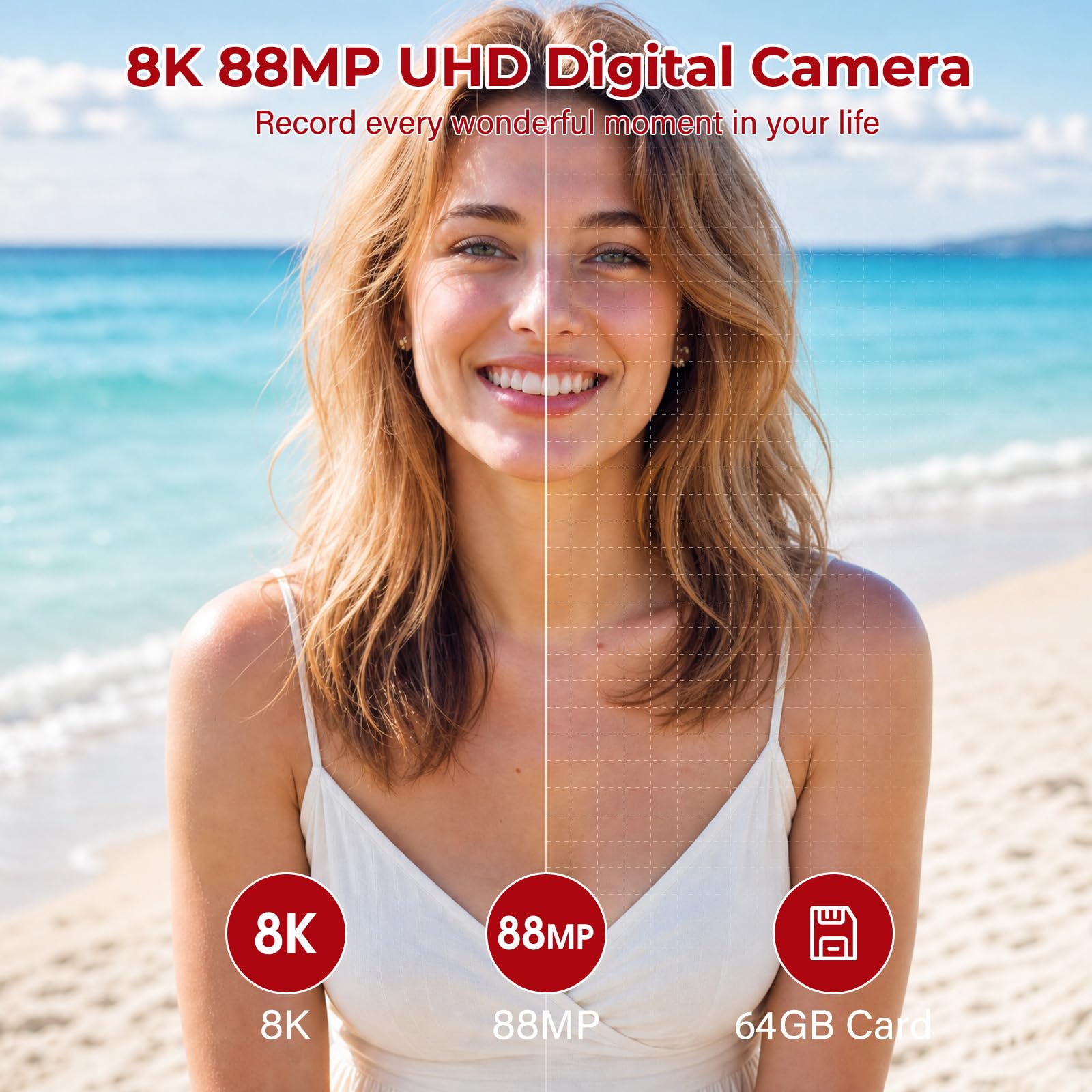 Fotocamera digitale 8K – Telecamera WiFi per fotografia 88MP – Autofocus Vlogging Camera per YouTube – Videocamera UHD per fotografi principianti con schermo flip da 3 pollici 180°, zoom 18x, paraluce