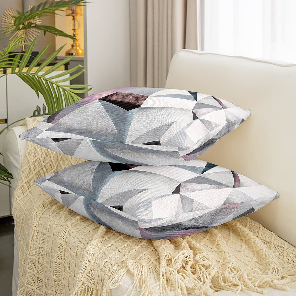 Set di 2 federe per cuscino da divano, motivo geometrico, color argento, decorazione per la casa