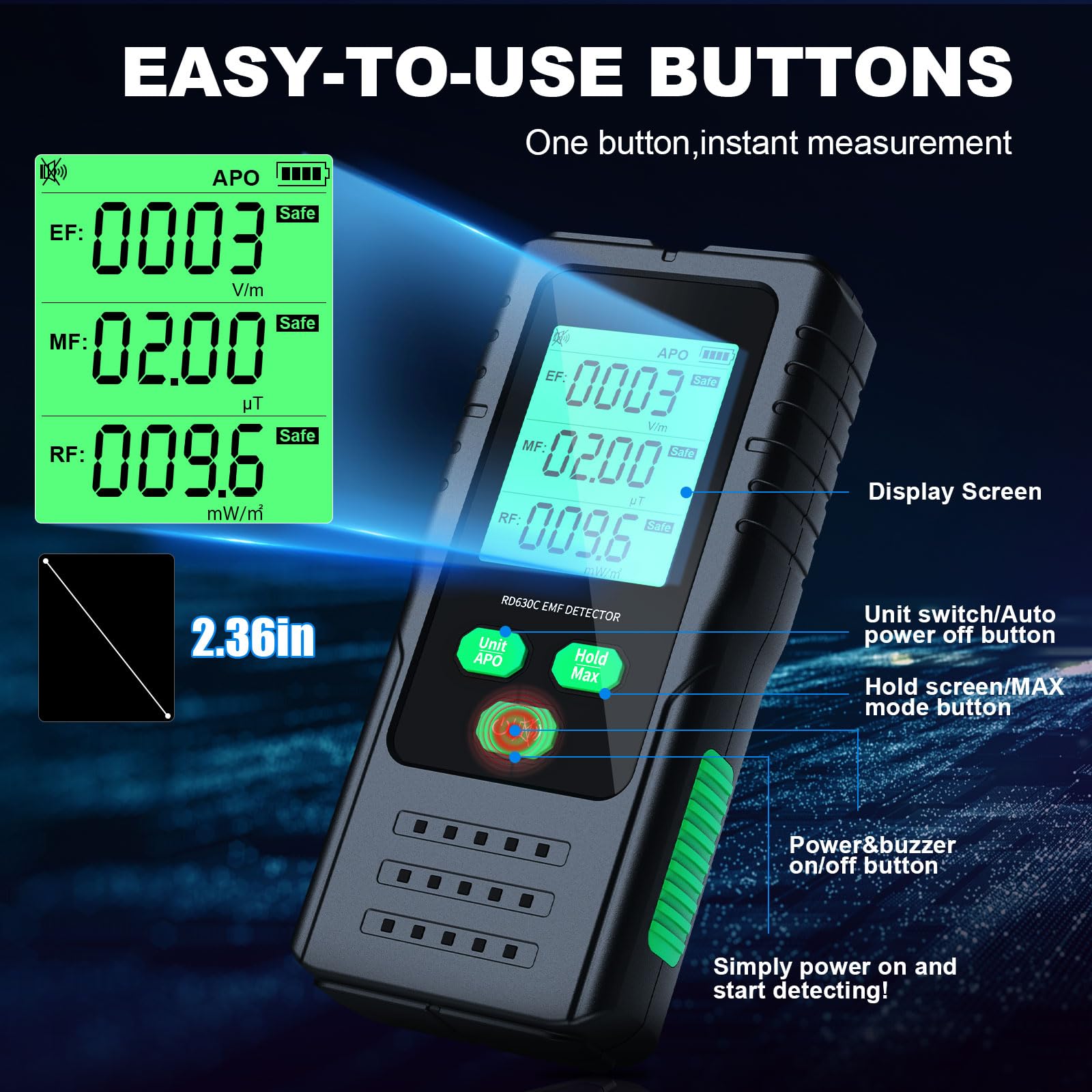 EMF Messgerät 3-in-1, YOJOCK tragbarer Strahlungsdetektor für EF, MF & RF Signale, inkl. zusätzlicher Batterie und deutscher Anleitung EMF Strahlungsmessgerät für Zuhause, Büro und Outdoor (Grün)