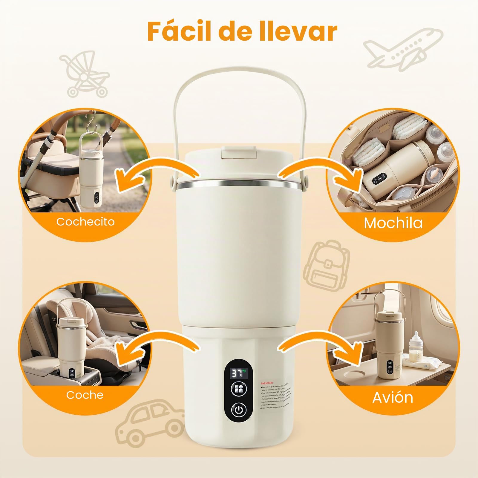 Calentador de Botellas Portátil - Calentador de botellas para bebés 2 en 1 Calentamiento rápido leche materna y agua, pasteurización, temperatura constante 24 horas durante todo el día (Beige)