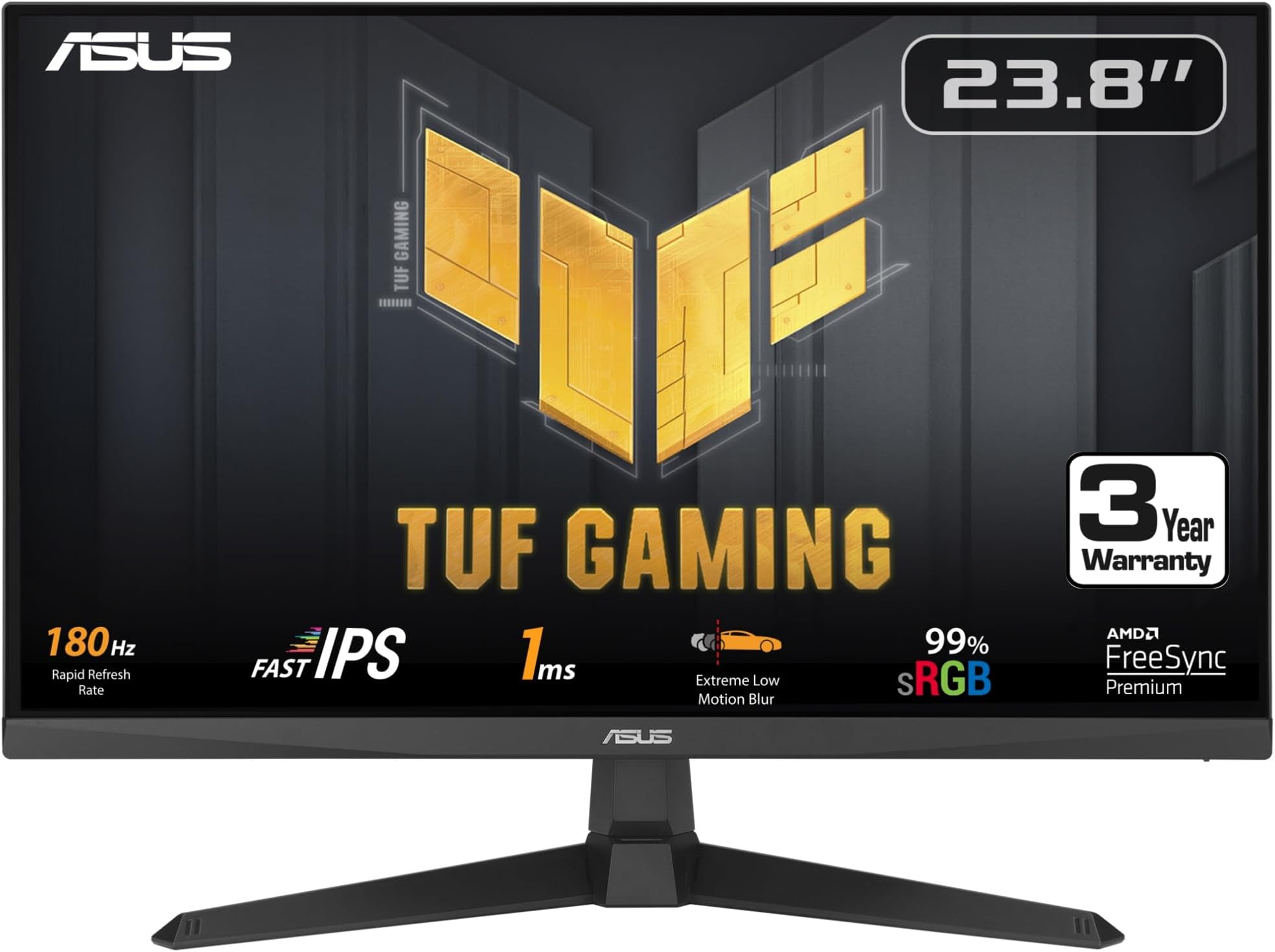 TUF Gaming 24” (23.8 inch viewable) 1080P Monitor (VG249Q3A) - Full HD, 180Hz, 1ms, Fast IPS, Extreme Low Motion Blur, FreeSync Premium, Speakers, DisplayPort, HDMI, Variable Overdrive, 99% sRGB