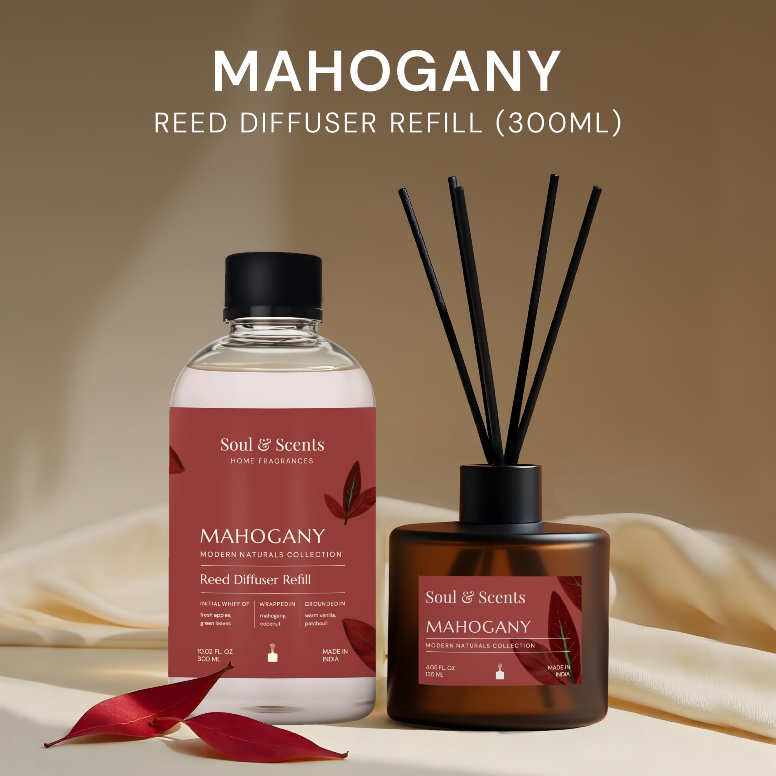 Soul & Scents Reed Diffuser Refill for Mahogany Fragrance | Free 12 Fiber Reed Sticks | Long Lasting | Smoke Less Room Freshener for Home, Bedroom, Living Room & Office | 300ml