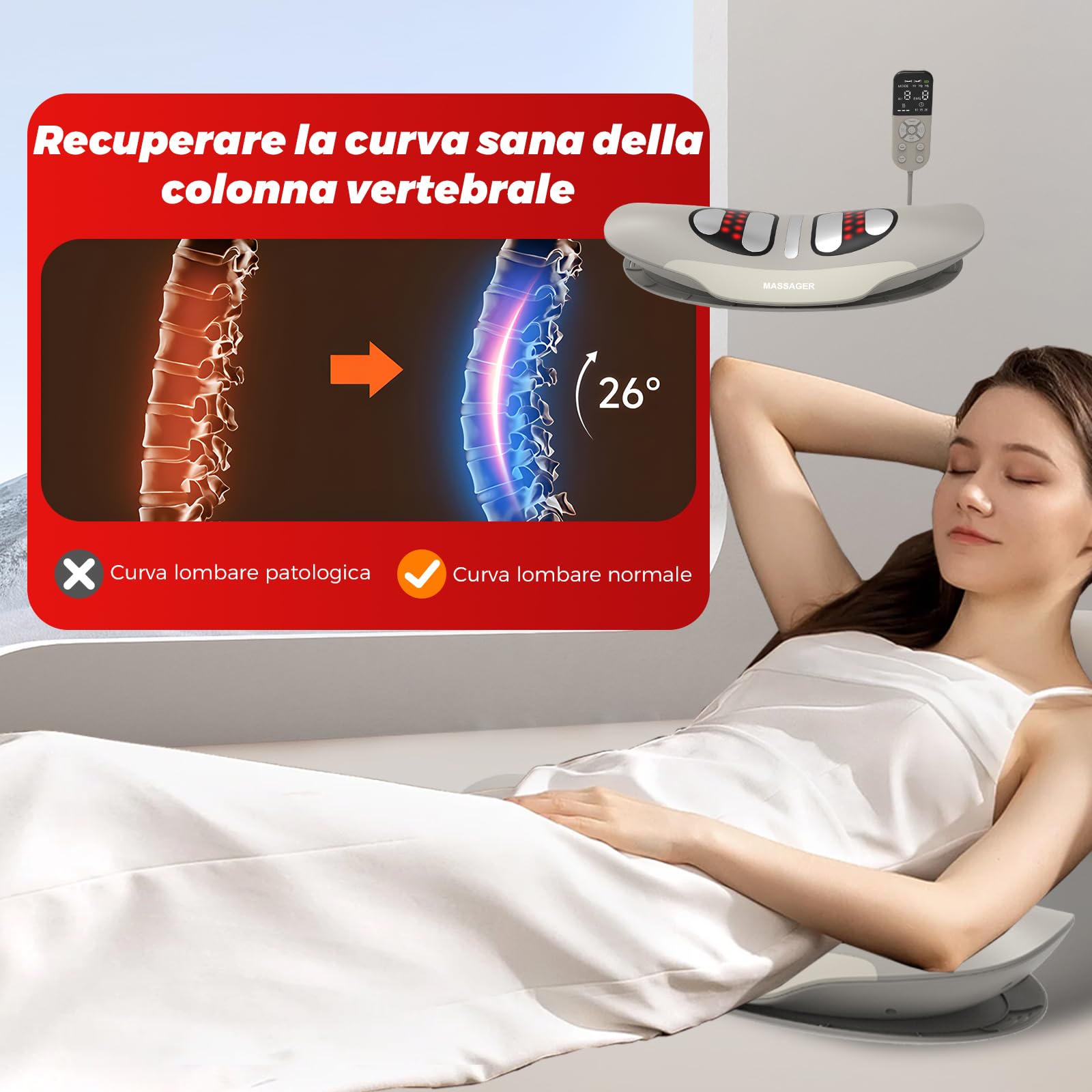 Massaggiatore lombare con calore, vibrazione, funzione curvatura, massaggiatore schiena con calore e impulso EMS, massaggiatore lombare con vibrazione, cuscino d'aria e telecomando
