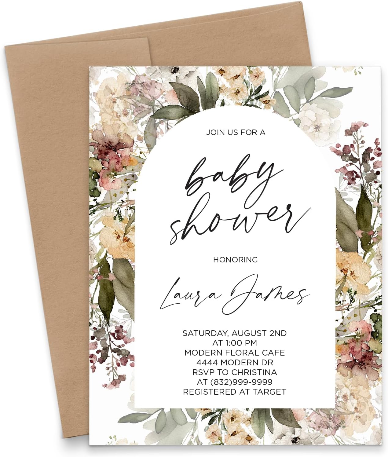 Wild Flower Baby Shower Invitations, Elegant Baby Shower Invite for Baby Girl, Personalized Baby Shower Invitation for Girl Baby Shower Invites with Florals, Your choice of Quantity and Envelope Color