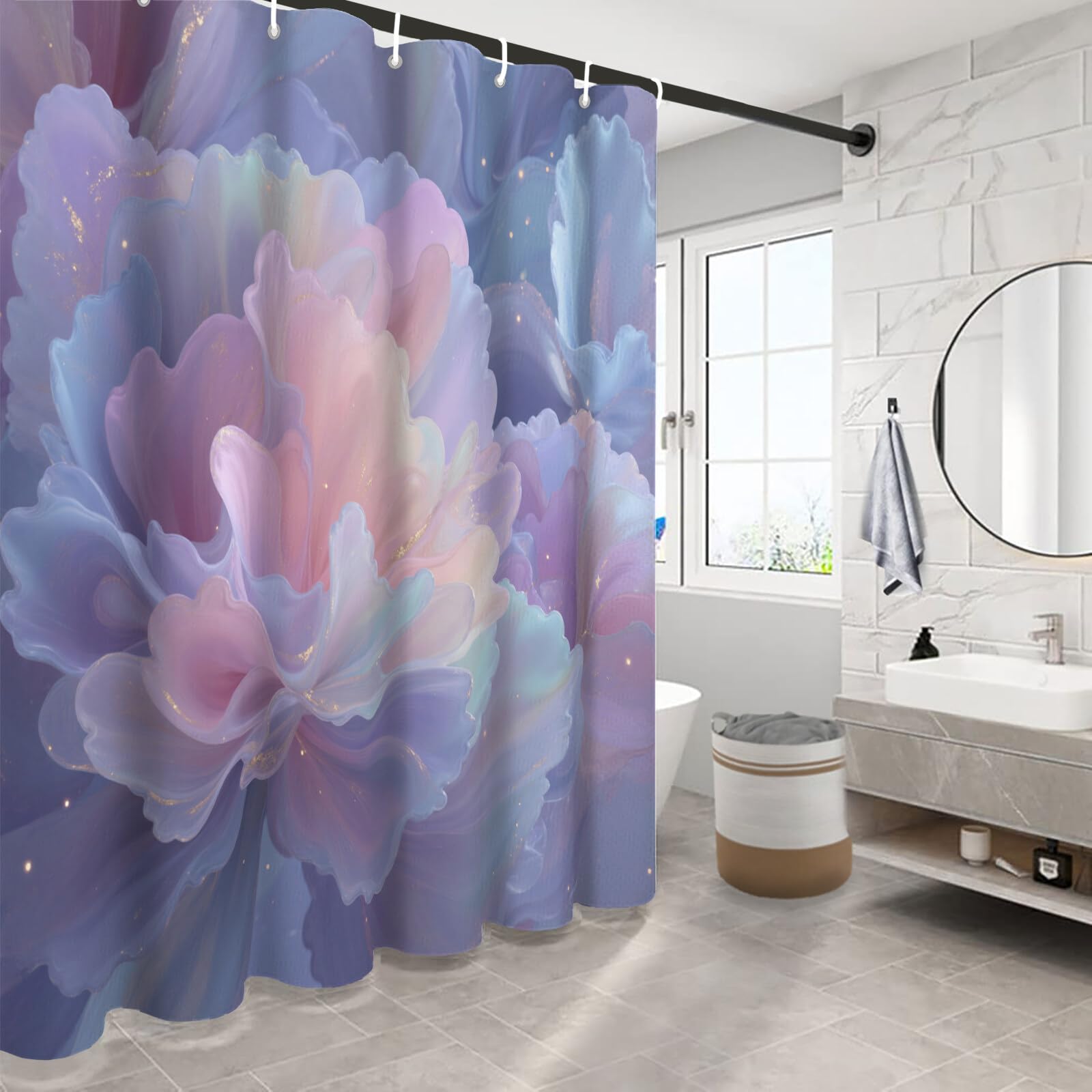 Rideau Douche,Rideau Baignoire Lavable en Machine Rideaux Douche Tissus Lavable Rideau De Baignoire Lavable pour Salle De Bain Domicile Baignoire Famille,Fleurs De Ligne,