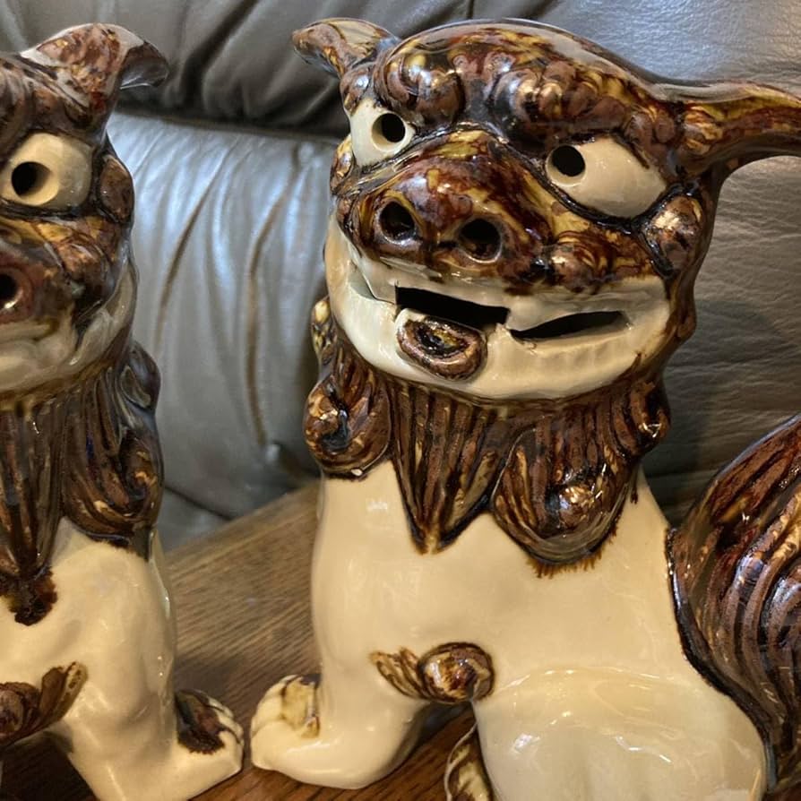 沖縄やちむん　琉球　壺屋焼　シーサー像　陶器製置物　魔除け　縁起物 獅子陶器 Amazon.co.jp: 沖縄 魔除獅子 シーサー2体セット置物 沖縄伝統