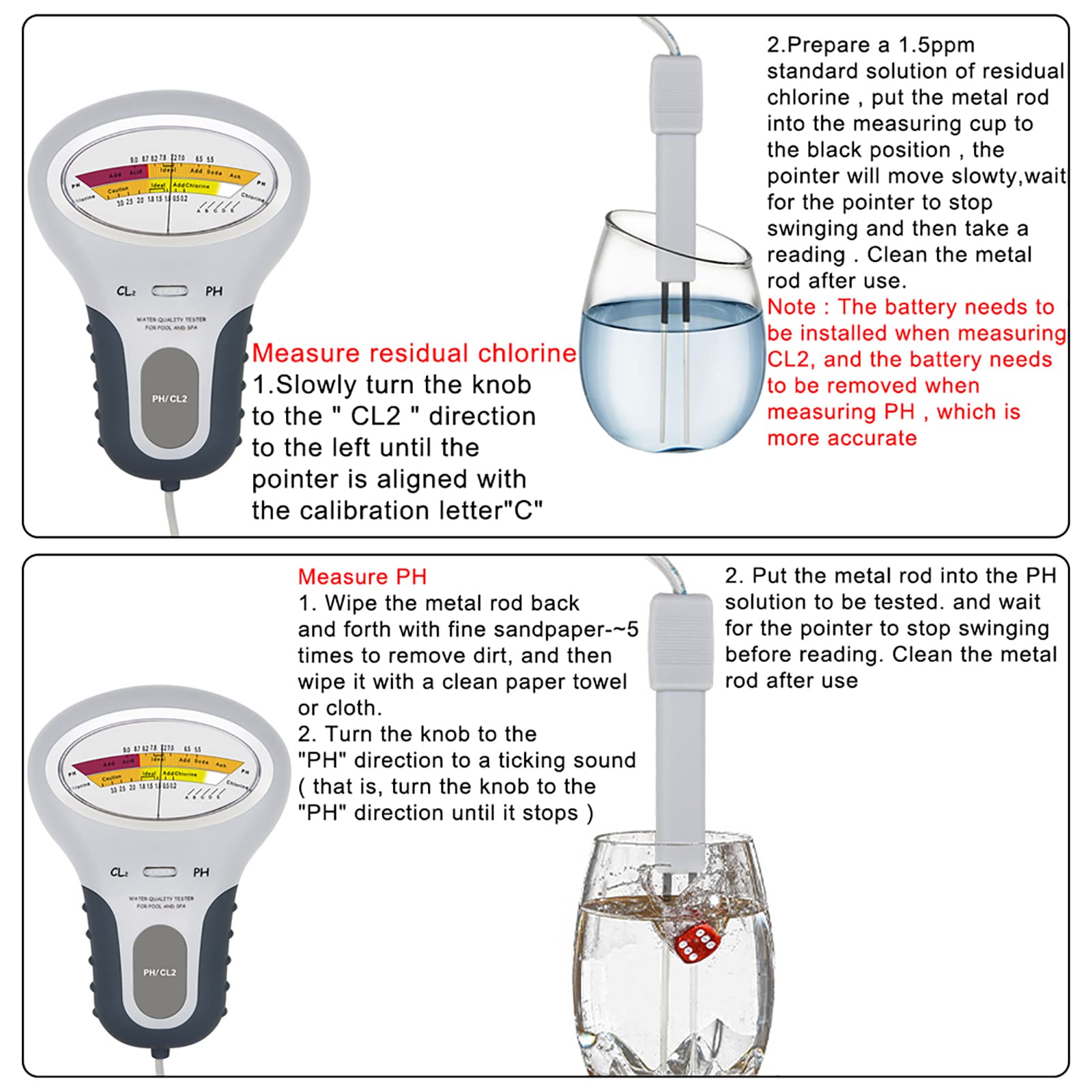 McbeAn Dispositivo di Test della qualità dell'Acqua 2 in 1, Misuratore di Livello del Cloro, Campo di Misura: PH: 5,5~9,0 PH; CL2:0-3,0 Ppm, Misurazioni Rapide E Precise, Prolunga Flessibile
