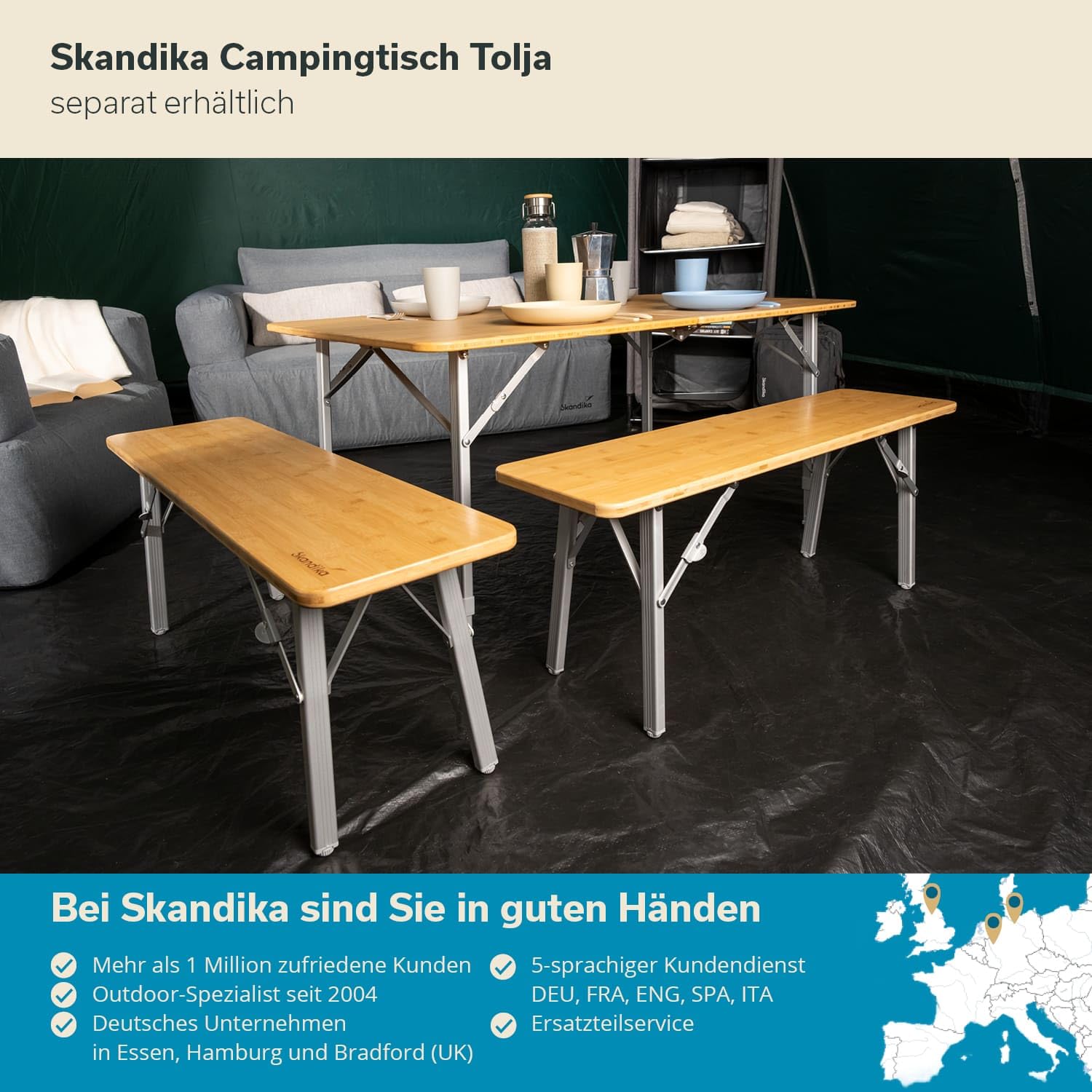 Skandika Ławka do siedzenia Tolja zestaw 2 szt., ławka kempingowa z bambusa, 100 x 27 x 39 cm, obciążenie do 200 kg, odporna na warunki atmosferyczne, torba do przenoszenia, ławka do piwna, ławka do