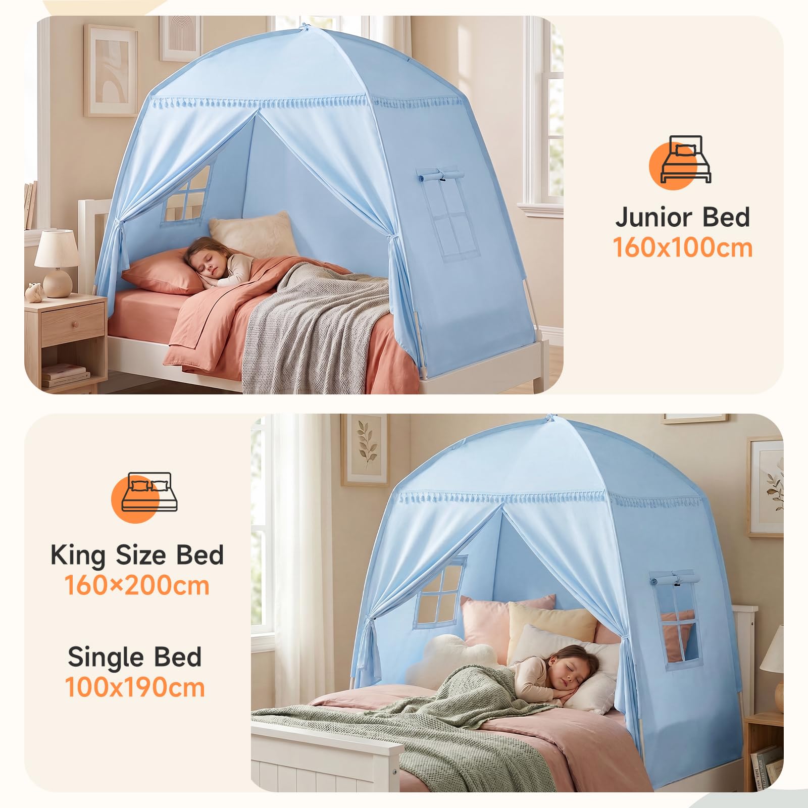 Bettzelt Kinderzimmer Kinderzelt: Großes Indoor-Spielhaus, tragbar und faltbar, für Einzelbett und Etagenbett, Kinderhöhle zum Spielen und Schlafen für Mädchen und Jungen (Hellblau)