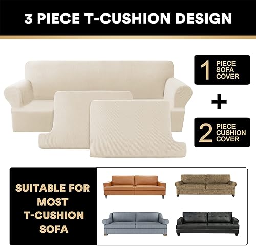 Miniatura 4 de PrinceDeco Funda de Sofá con Cojín en T de 3 Piezas, Fundas de Sofá para Sofá con Cojín en T, Fundas de Sofá Suaves, Funda Deslizable de Sofá,